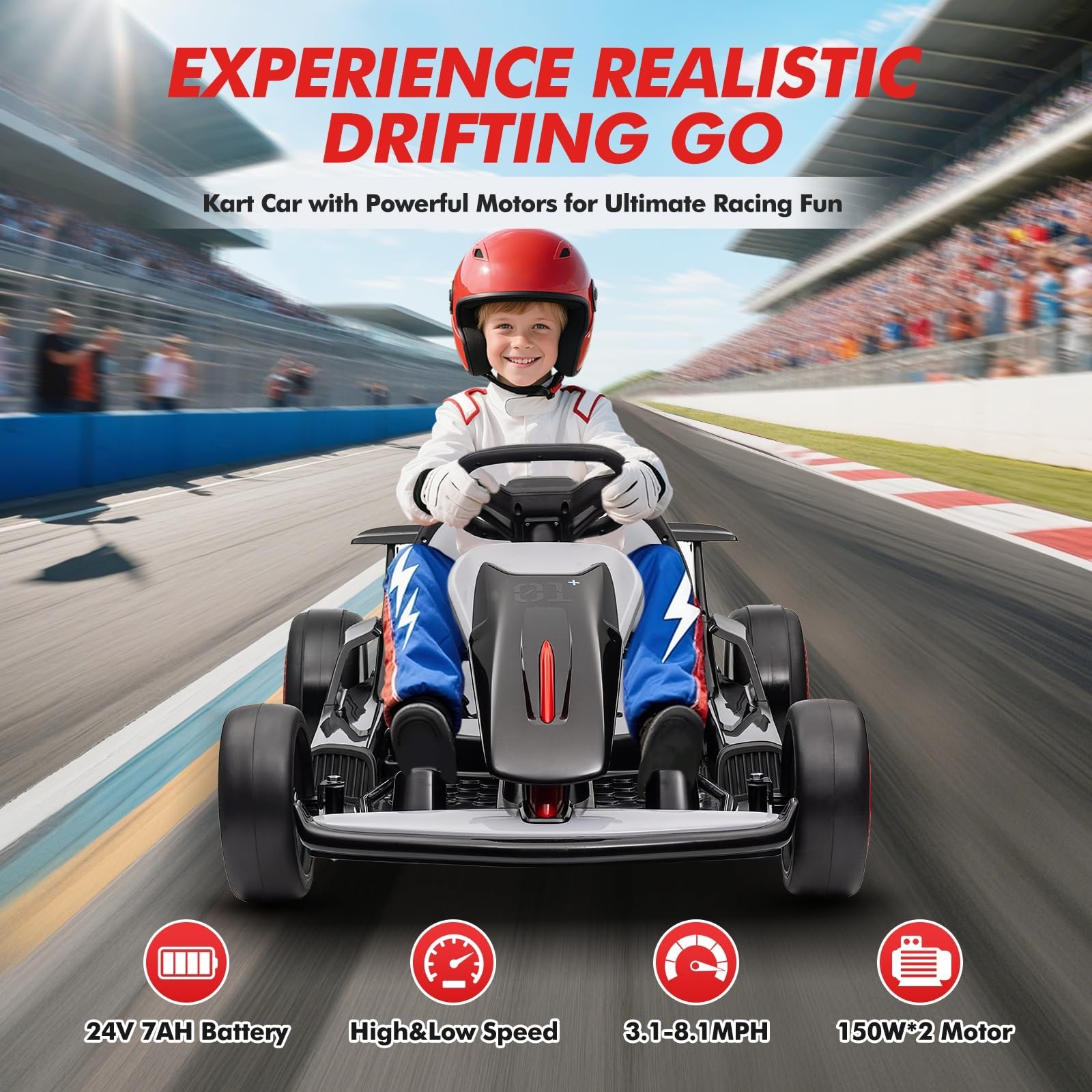 24V Go Kart for Kids Child Electric Drift Go Cart With Music 5-Point Safety Belt