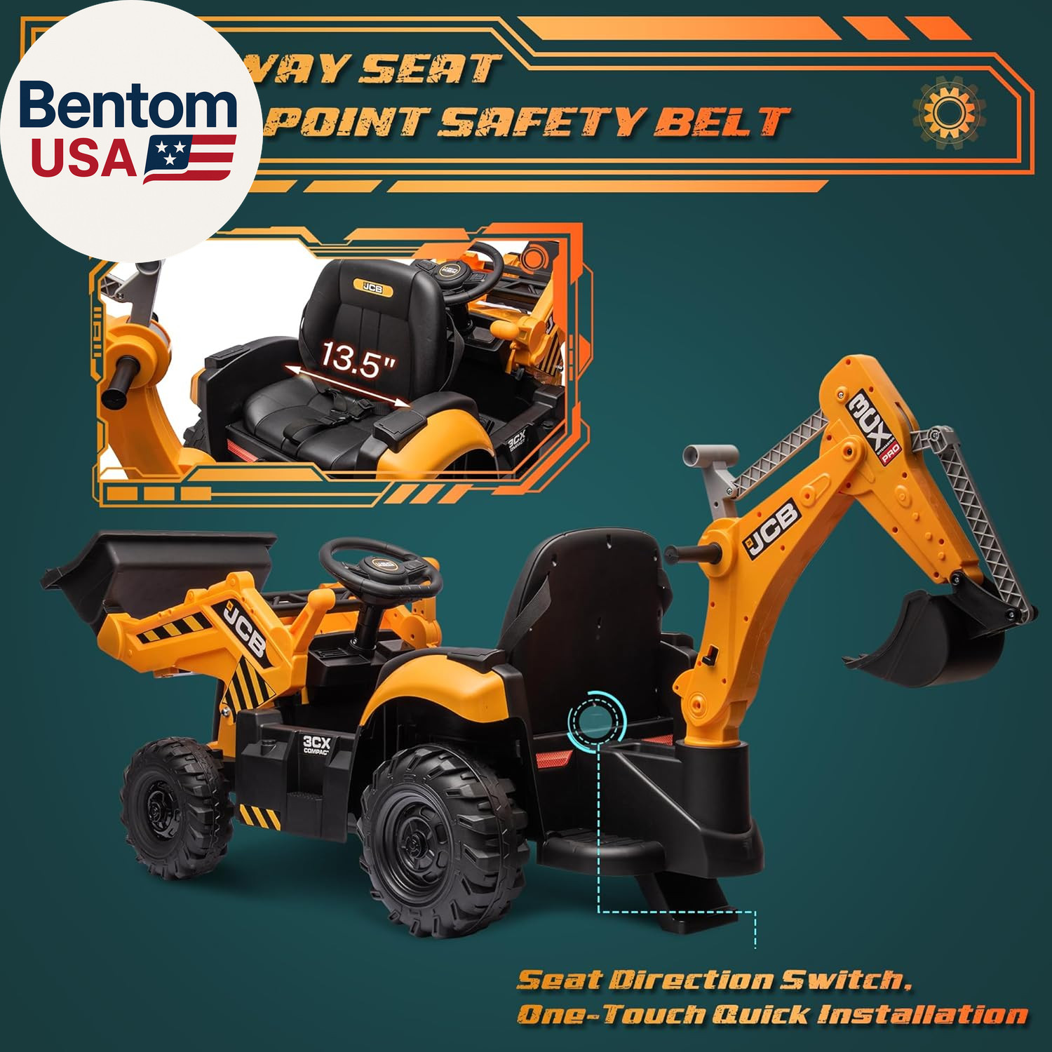 12V JCB Electric Backhoe Loader Toy Car for Kids, Battery Powered Ride on Constr