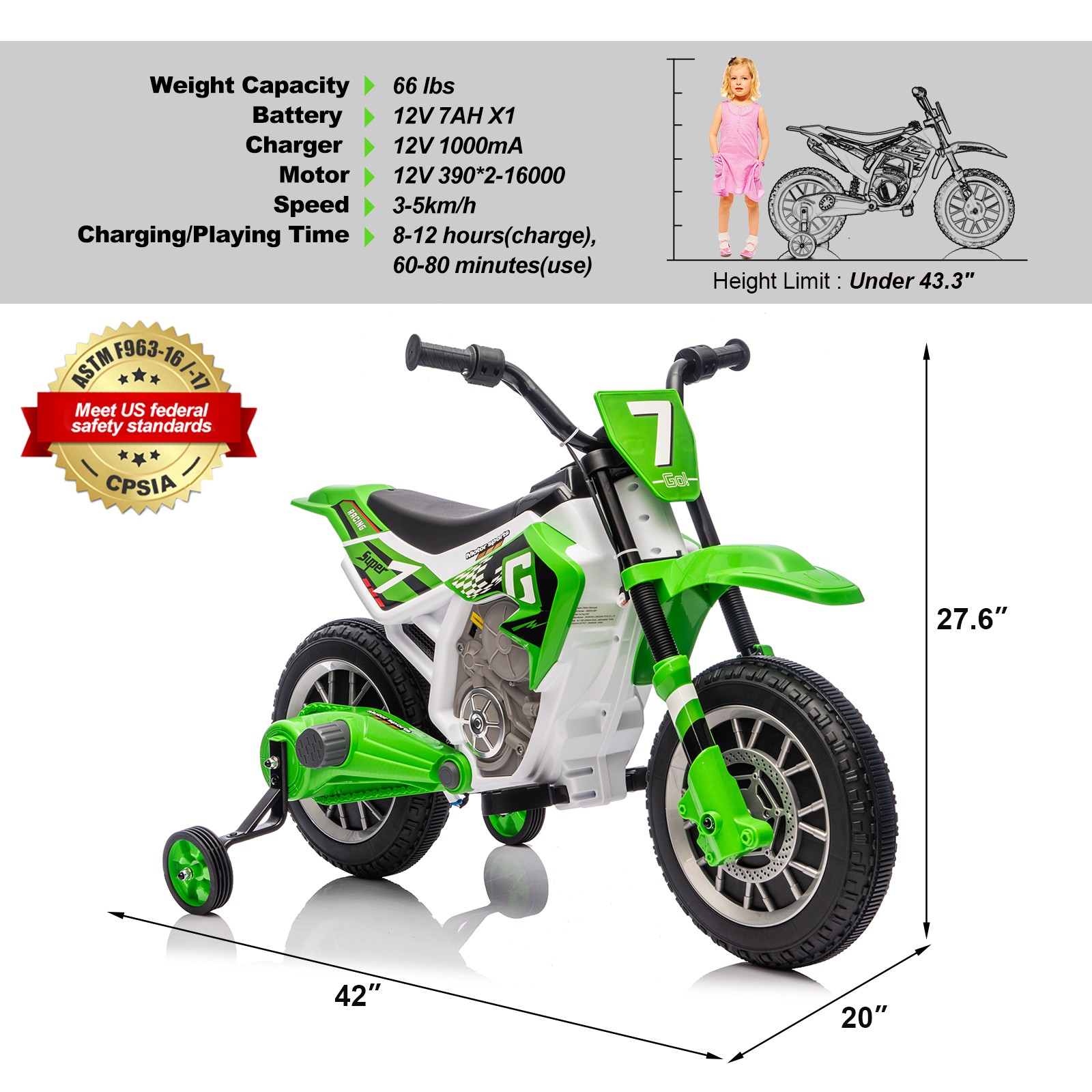 12V Kids Ride On Motorbike Motorcycle Dirt Bike with Music,Training Wheels Green