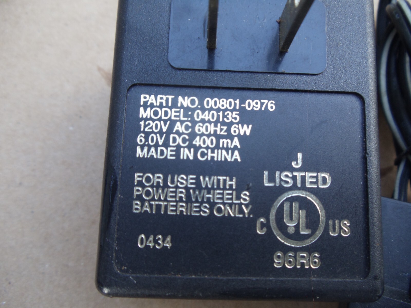 Fisher Price 6V Power Wheels Adapter Battery Charger 040135 00801-0976