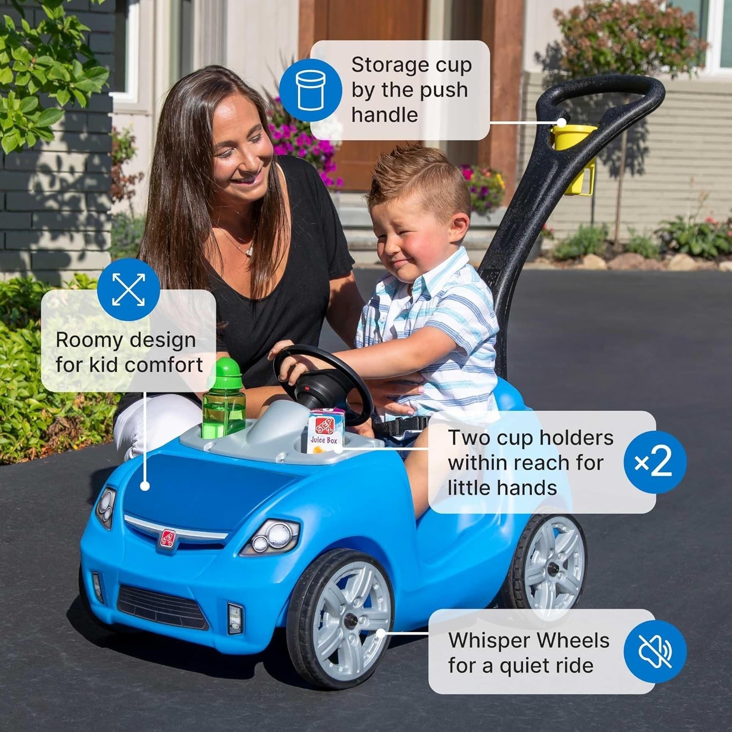 Durable Step2 Whisper Ride II Toddler Push Car with Adjustable Seat Belt, Blue