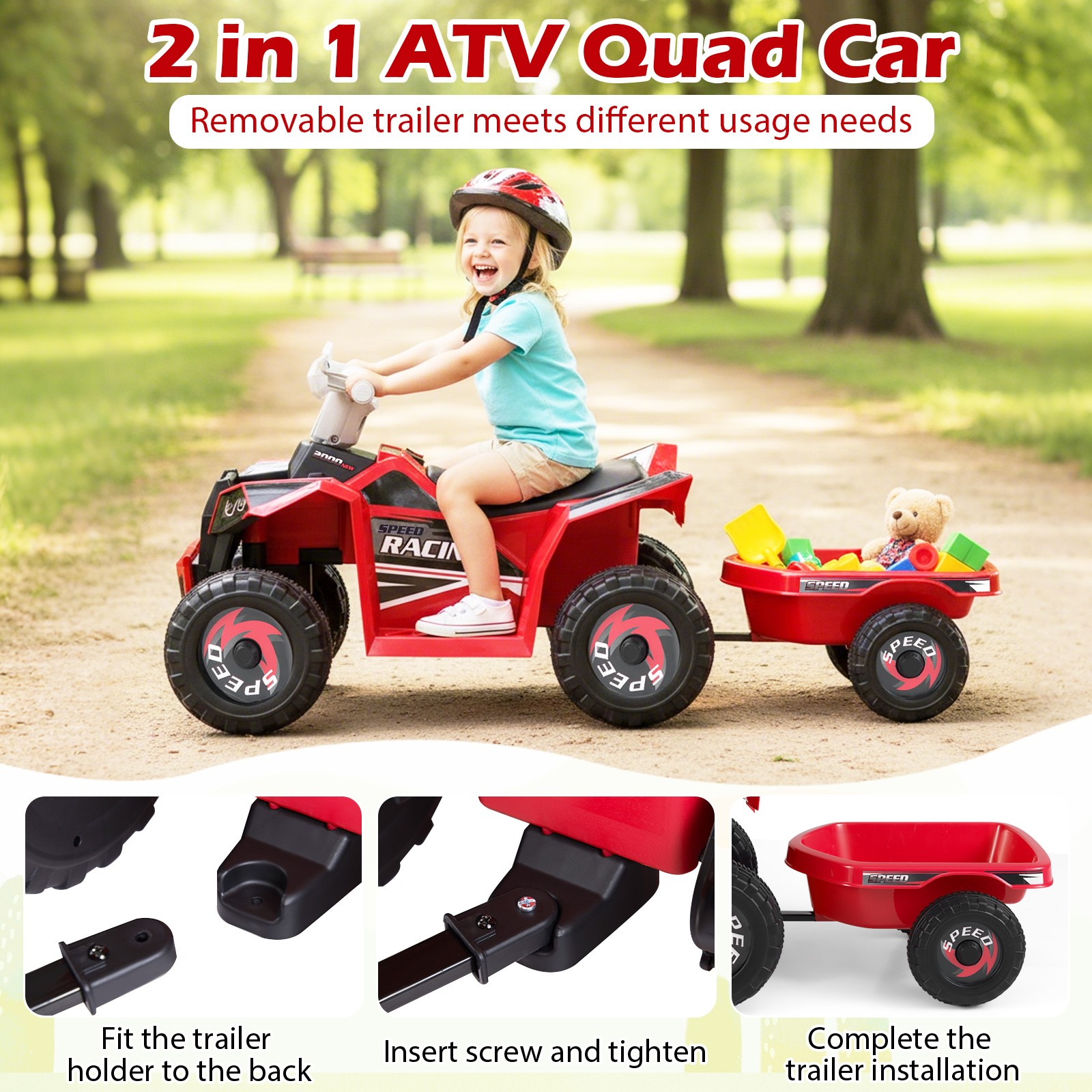 Kids Electric ATV Car, 6V Battery-Powered Ride on Toy w/Removable Back Trailer