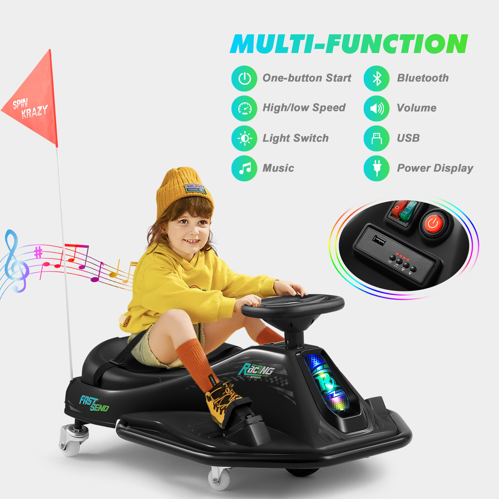 24V Kids Electric Drifting Go Kart 360° Ride On Cart with Bluetooth (Black)
