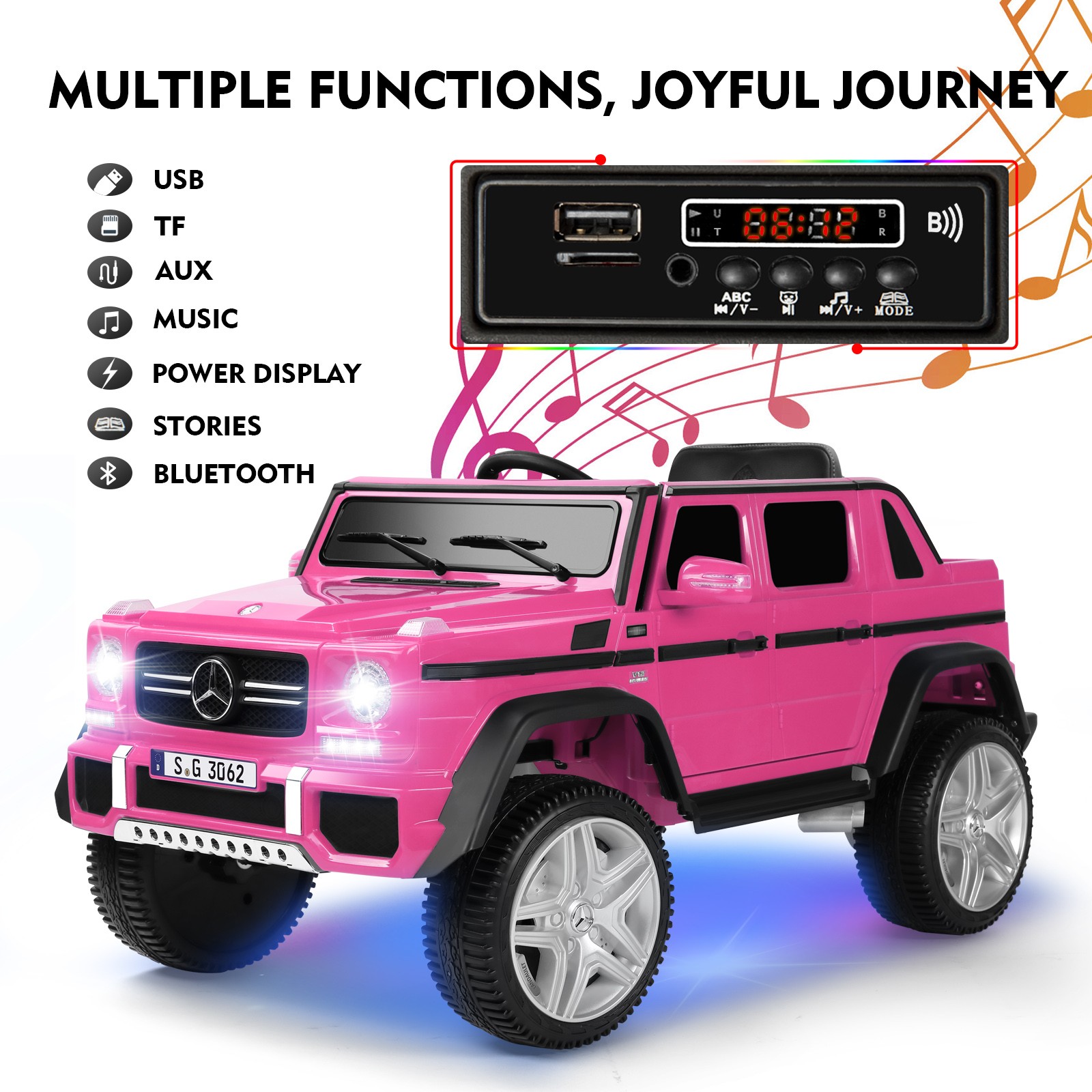 JOYLDIAS Electric 12V Kids Ride On Mercedes-Benz Car w/3 Speeds,LED,Remote,Pink