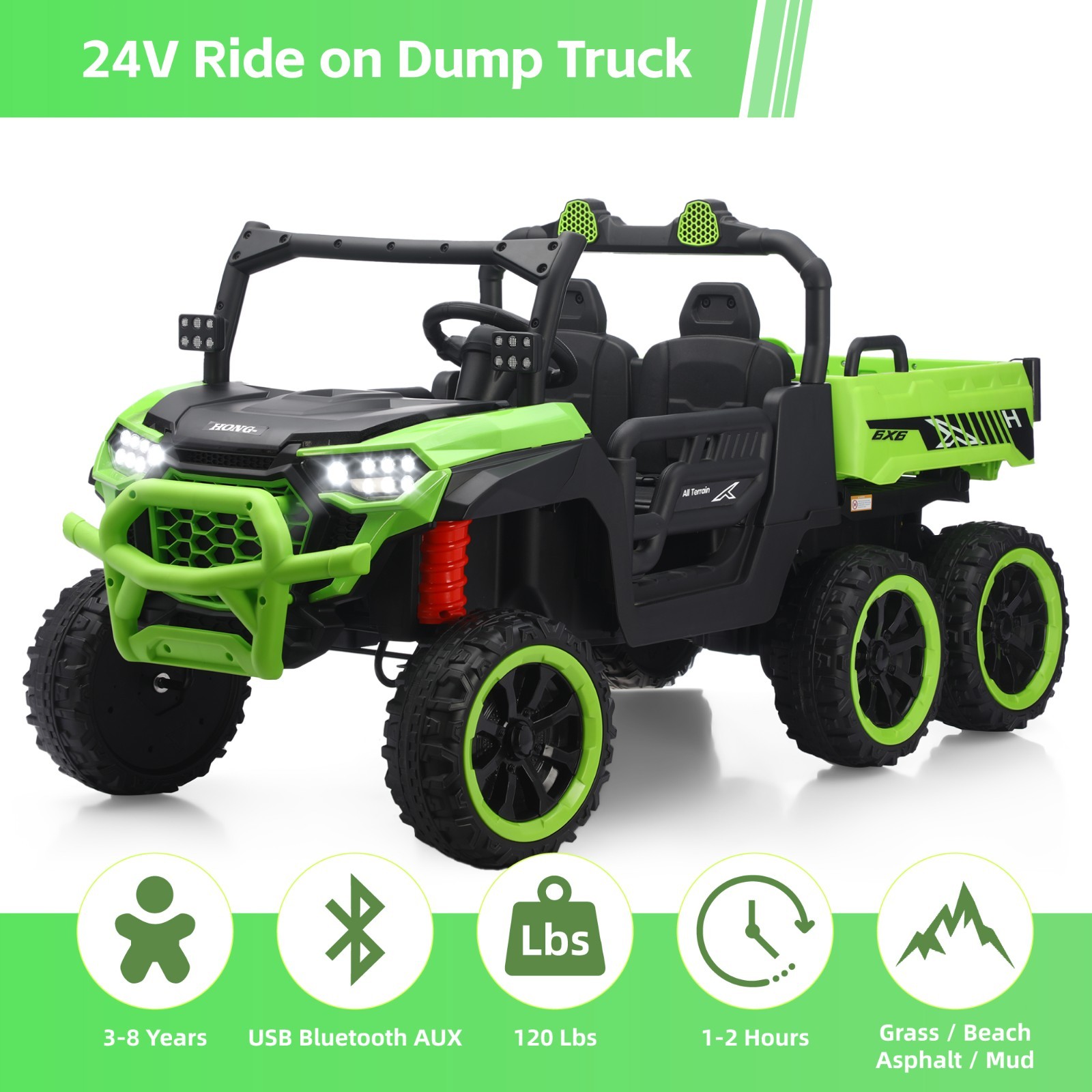Green 24V Ride on Electric Dump-bed Truck Off-road 7mph 2 Seater Car with Remote