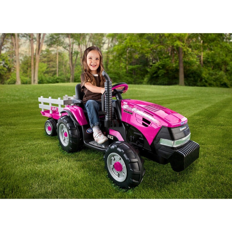 Peg Perego 12V Case IH Magnum Tractor with Trailer Powered Ride-On – Pink