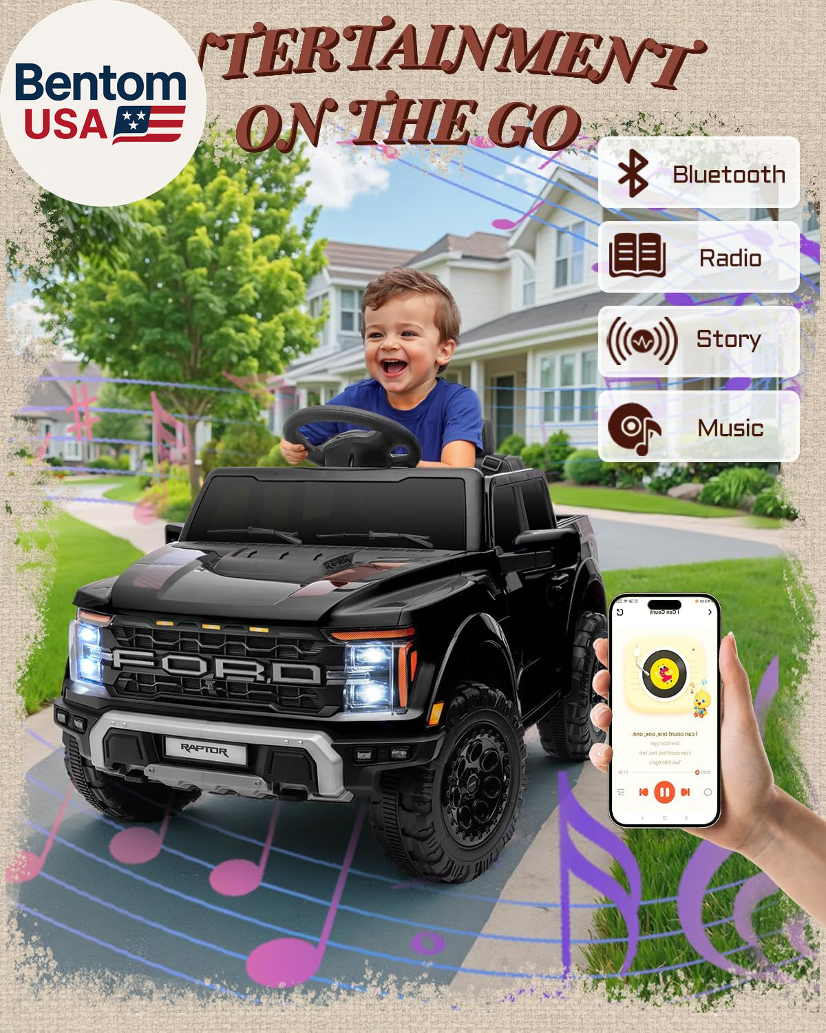12V Licensed Ford F-150 Raptor Kids Ride on Toy, Ride on Truck with Parent Remot
