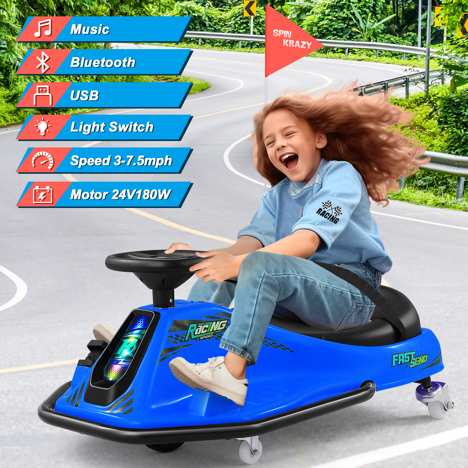 JOYLDIAS 24V Electric Kid Blue Ride On Drifting Go Kart Variable Speed Cart 360°