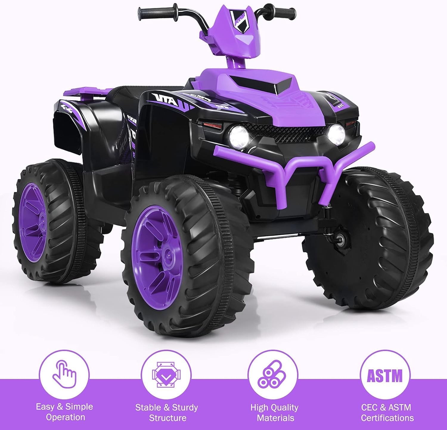Costzon Kids ATV, 12V Battery Powered Electric Vehicle w/LED Lights, High & Low,