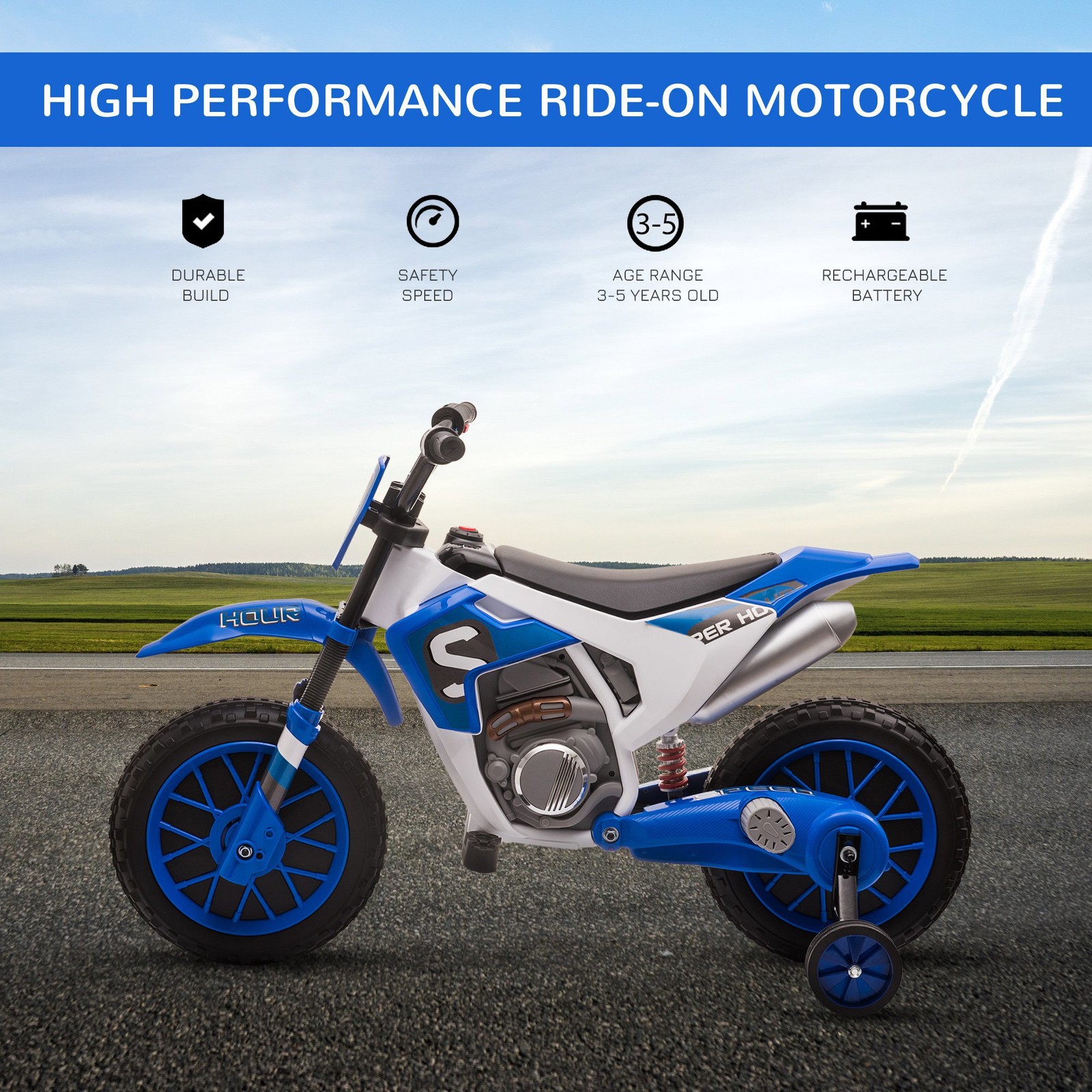 12V Electric Kids Ride On Dirt Bike Motorcycle Toy Training Wheels for 3-5 Year