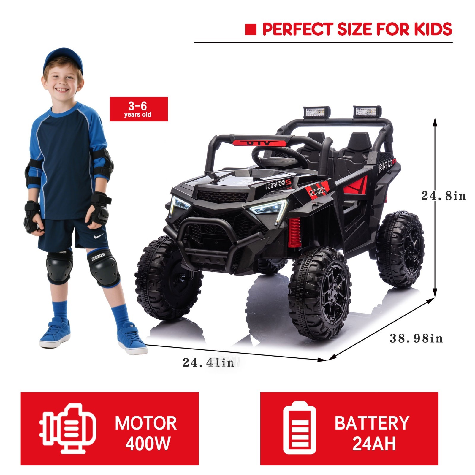 24V Kids Electric Car Ride on UTV Battery Power Wheels with Remote Control Black