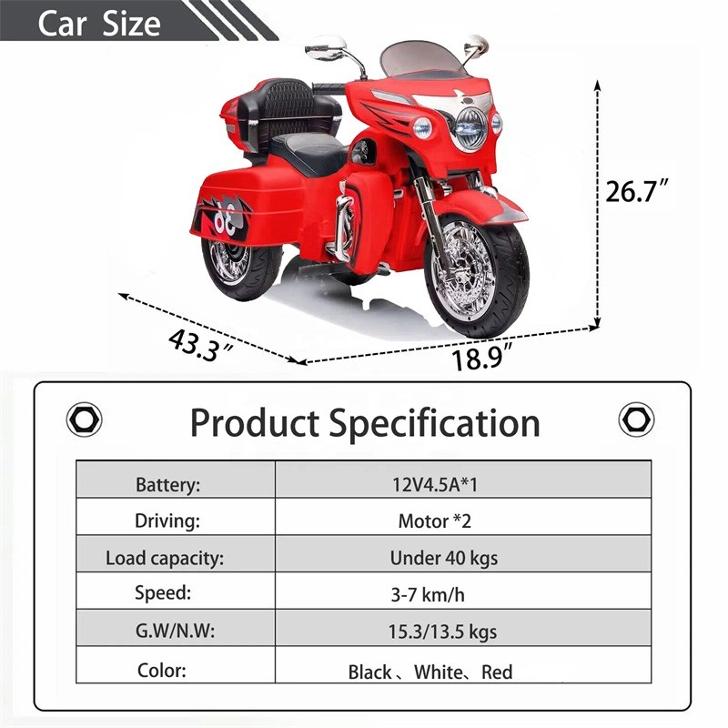 Kids Ride On Motorcycle 12V 2-Seat Electric Motorbike 3 Wheels for 3-8 Years Old
