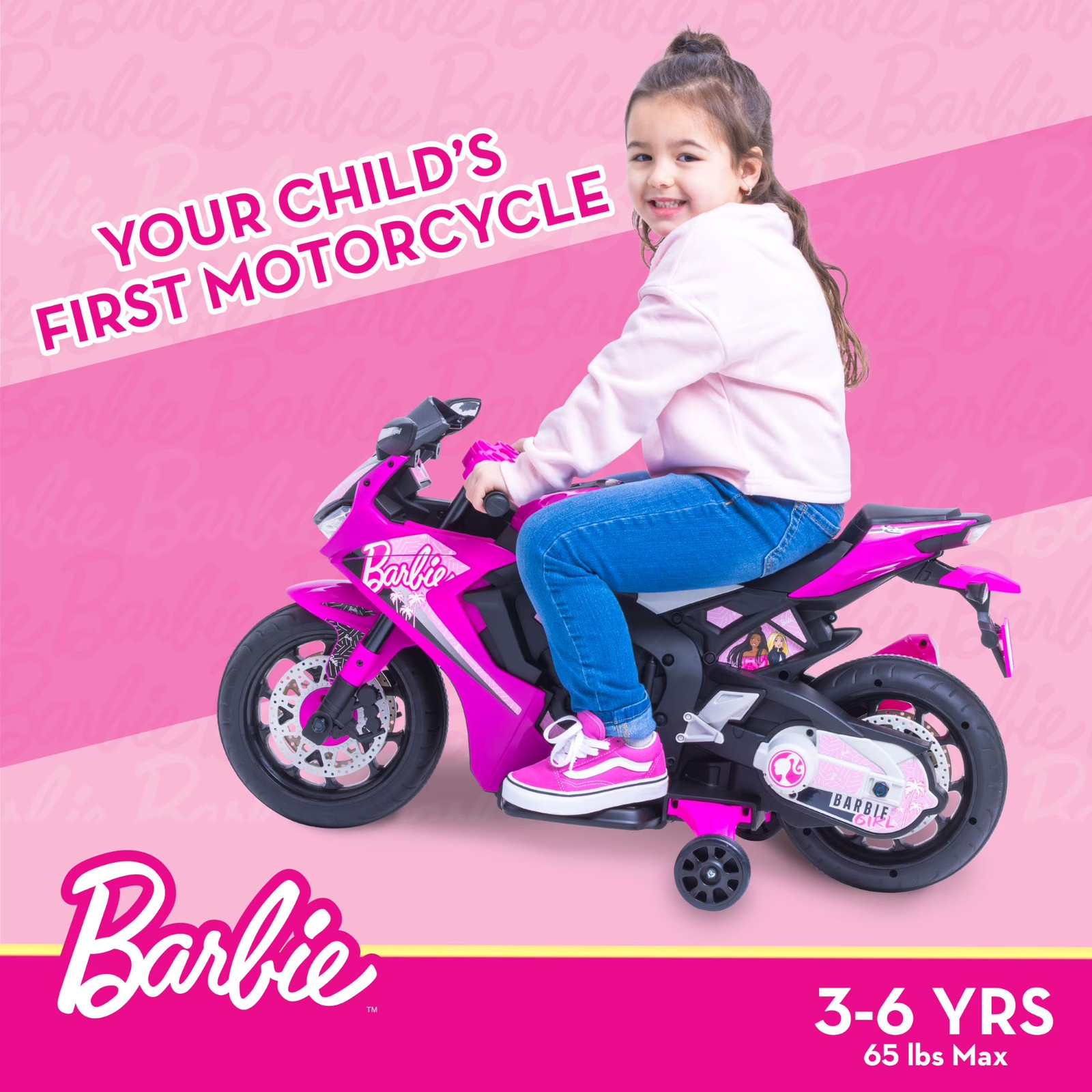 Kids Ride On Toy Pink Barbie Motorcycle 6V Battery Powered Sounds and Lights