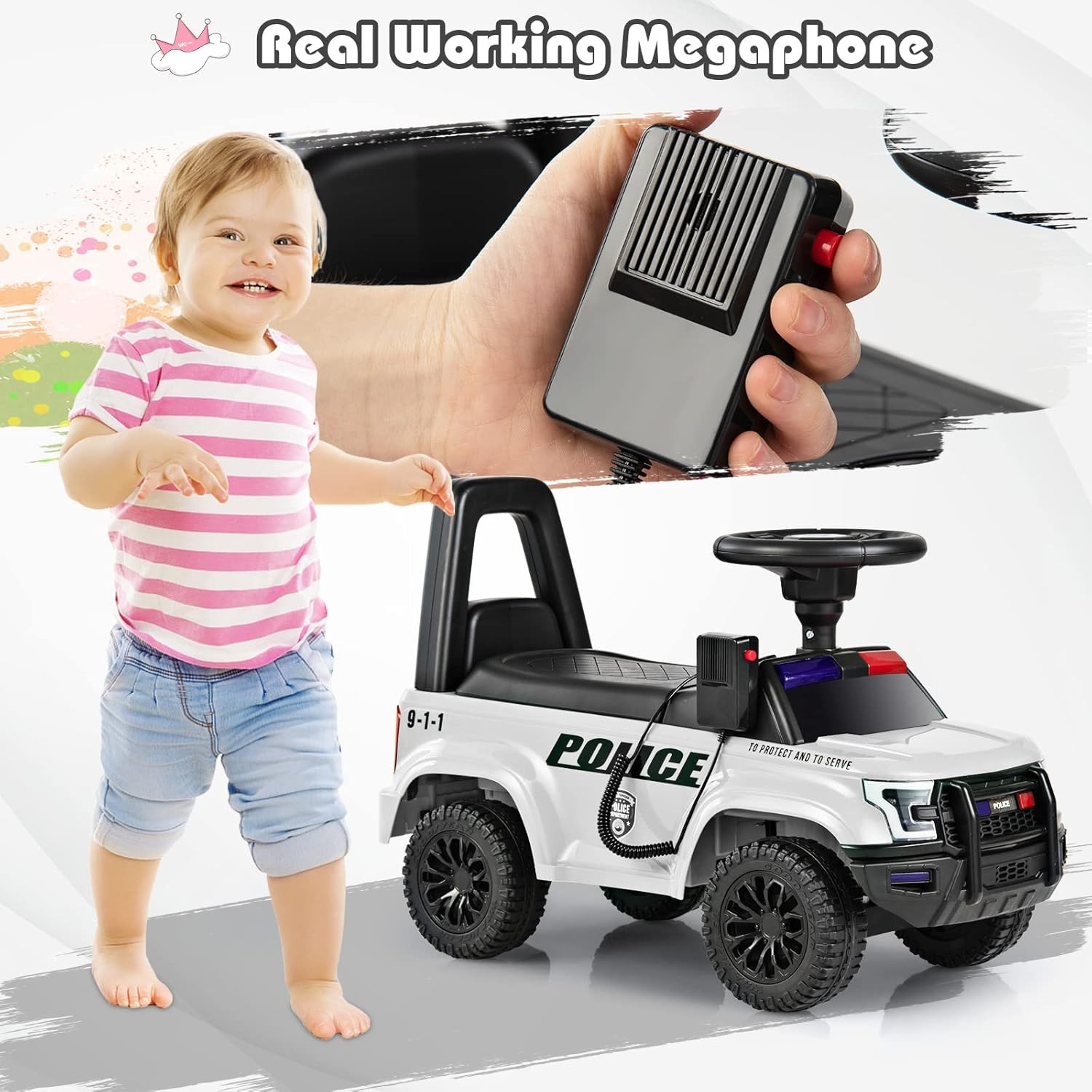Ride on Push Police Car, Toddler Foot-To-Floor Sliding Toy with Siren, Steering