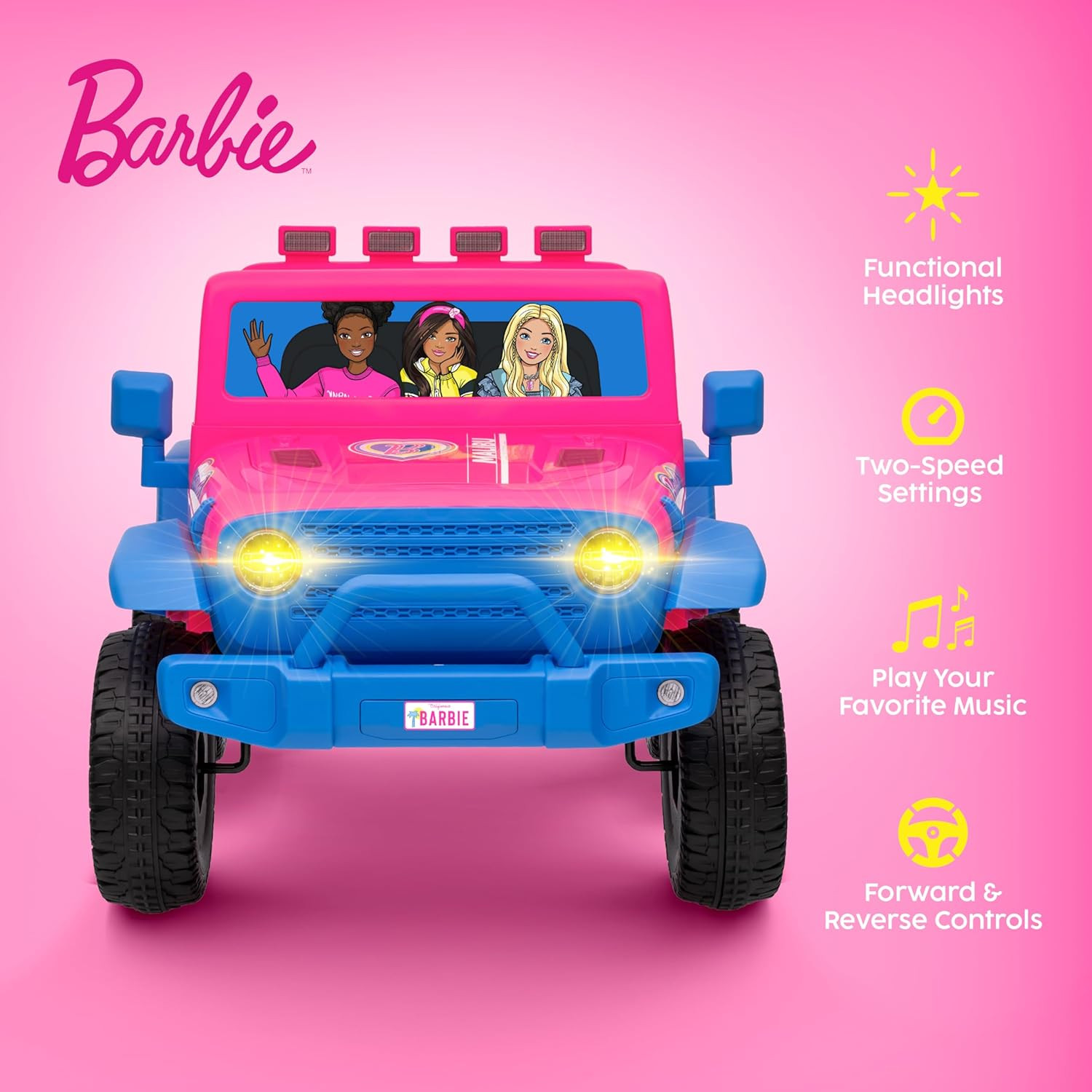 Barbie – 12V Kids Ride-On with Rechargeable Battery, LED Headlights, Press-Butto