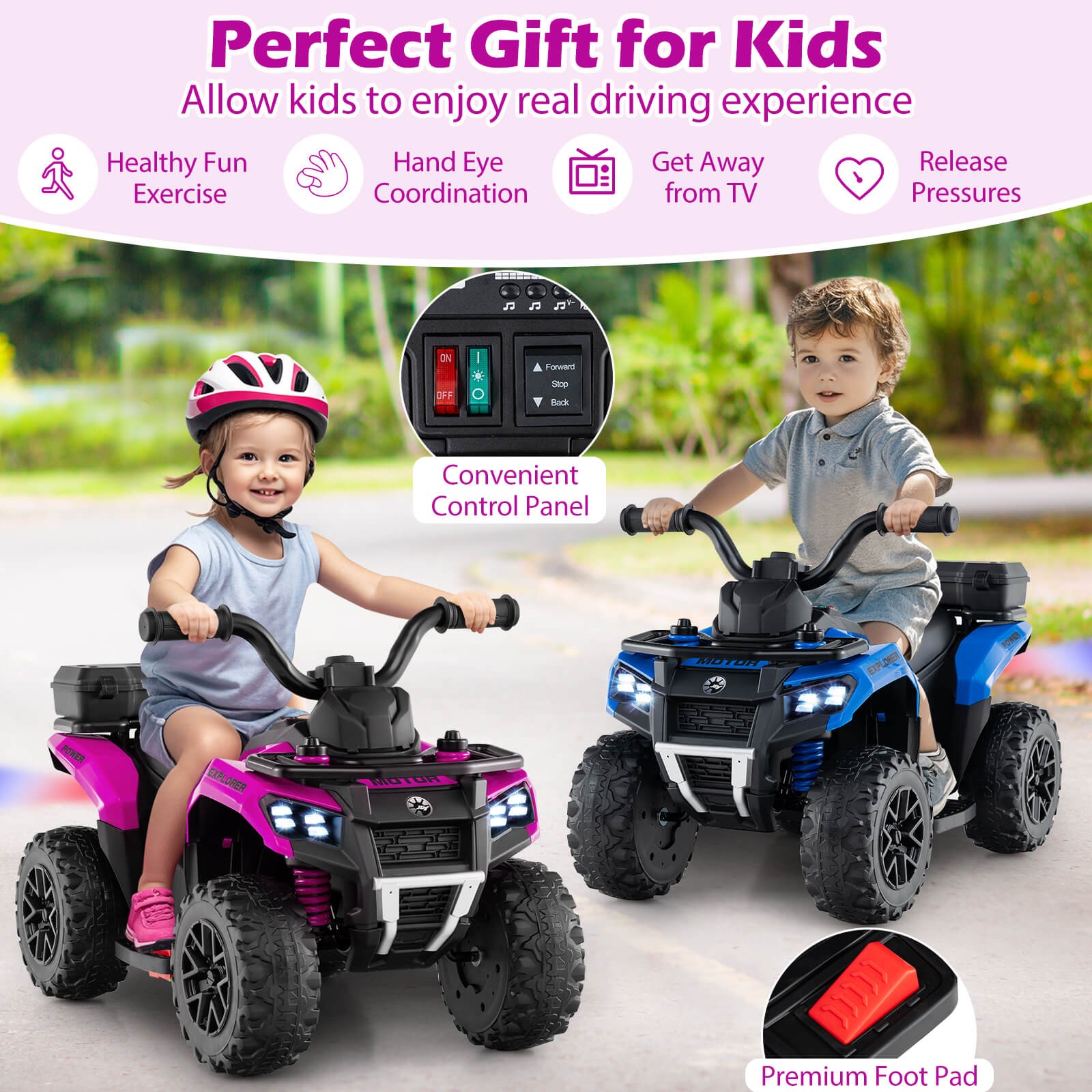6V Kids Ride On ATV w/ Music & Spray Function USB Port Storage Box Toy Car