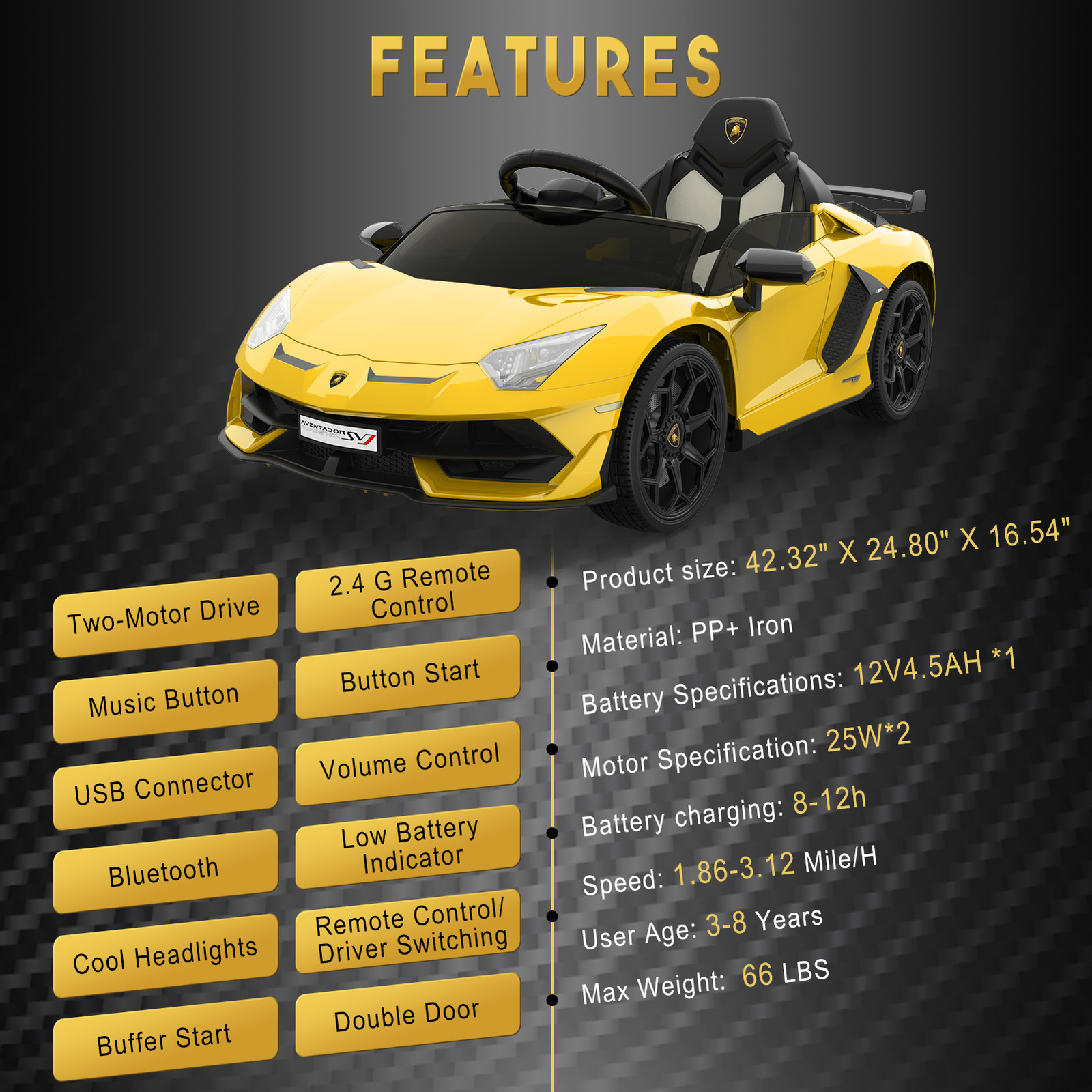 Kids Ride On Car, 12V Electric Vehicles Battery Powered Sports Car With Control