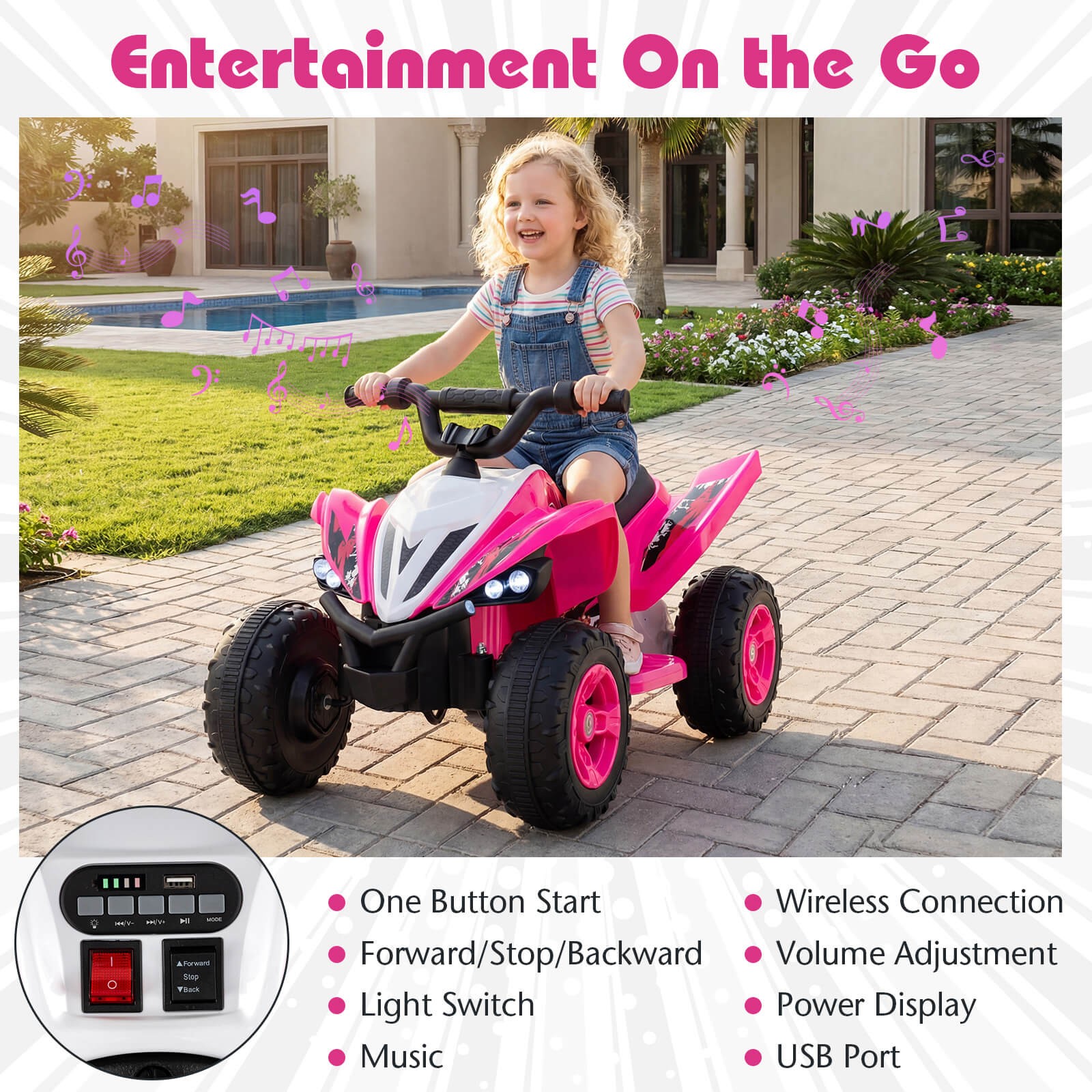12V Quad 4 Wheeler Ride on Toy with Music, Light, USB Port, Wireless Connection