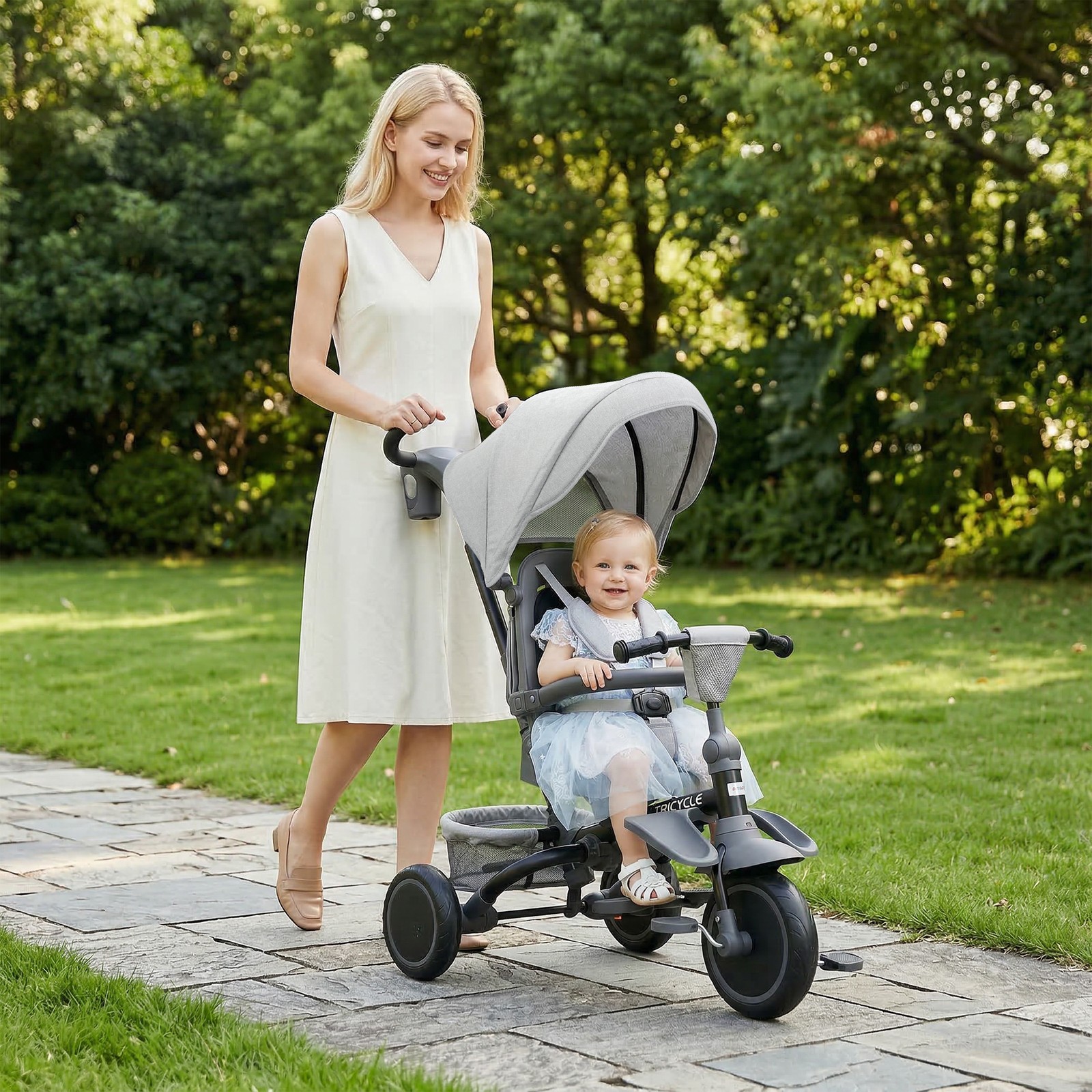 6 in 1 Kids Tricycle with Adjustable Push Handle for 1-5 Years, Gray