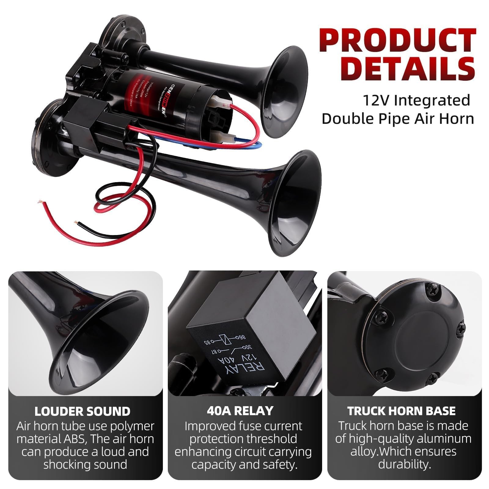 Black 150dB Super Loud Train Air Horn All In One 12V Compressor Button Fit