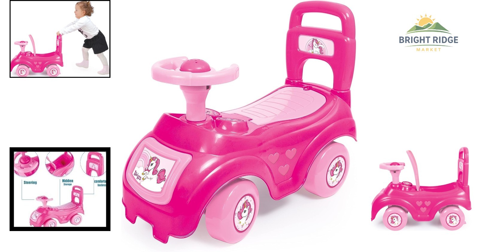 Pink Unicorn Ride-On Vehicle for Kids with Horn, Sound Effects & Easy Push
