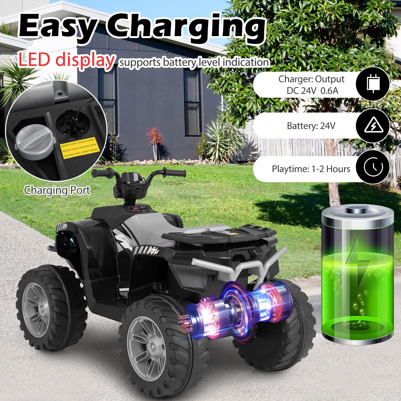 24V Kids Ride-On Electric ATV 4-Wheeler Quad Car with Wireless Connection