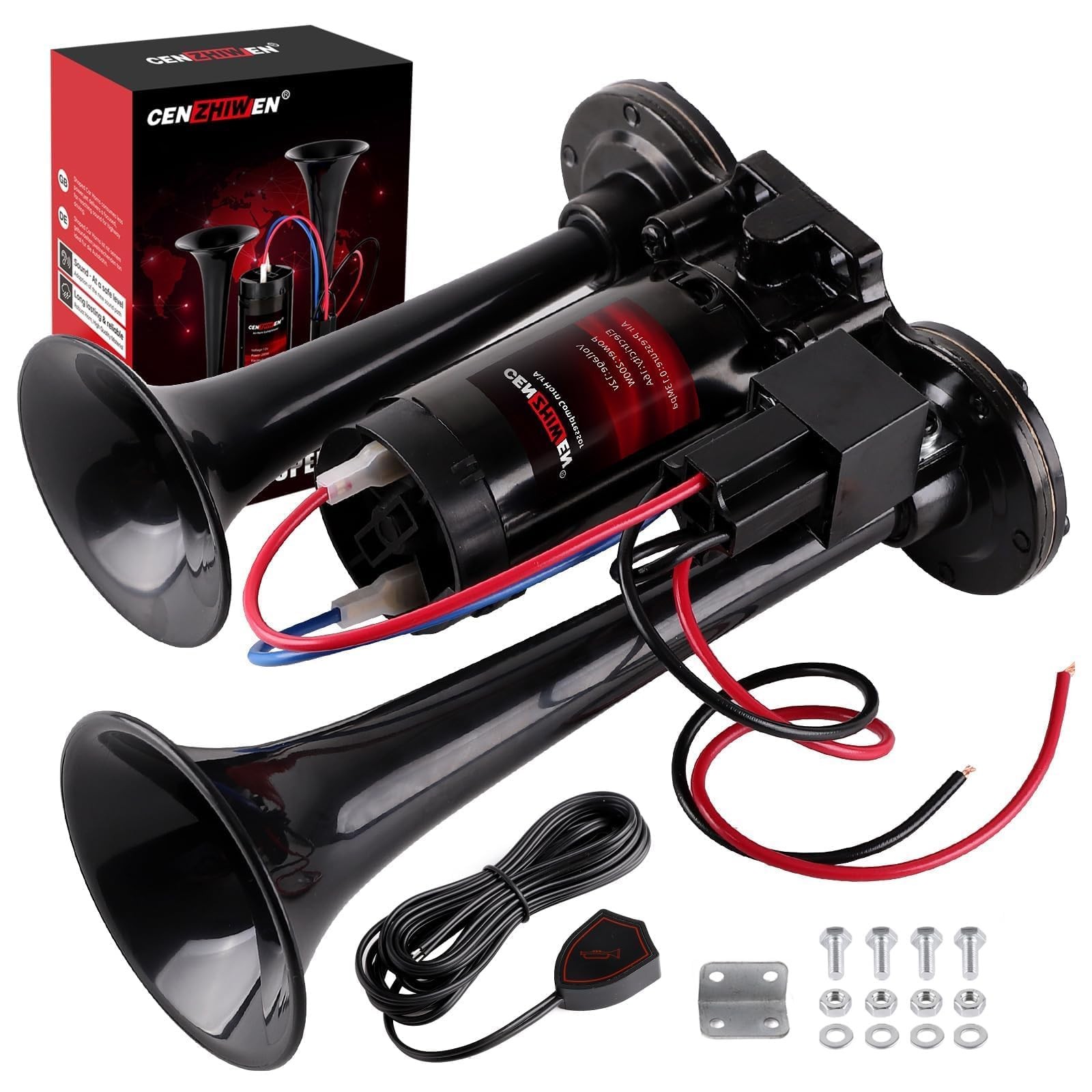 Black 150dB Super Loud Train Air Horn All In One 12V Compressor Button Fit
