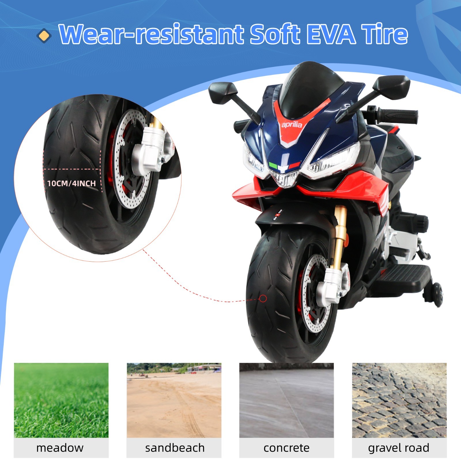 Blue Aprilia 24V Kids Electric Motorcycle 6mph Dirt Bike Ride on Toy w/Bluetooth