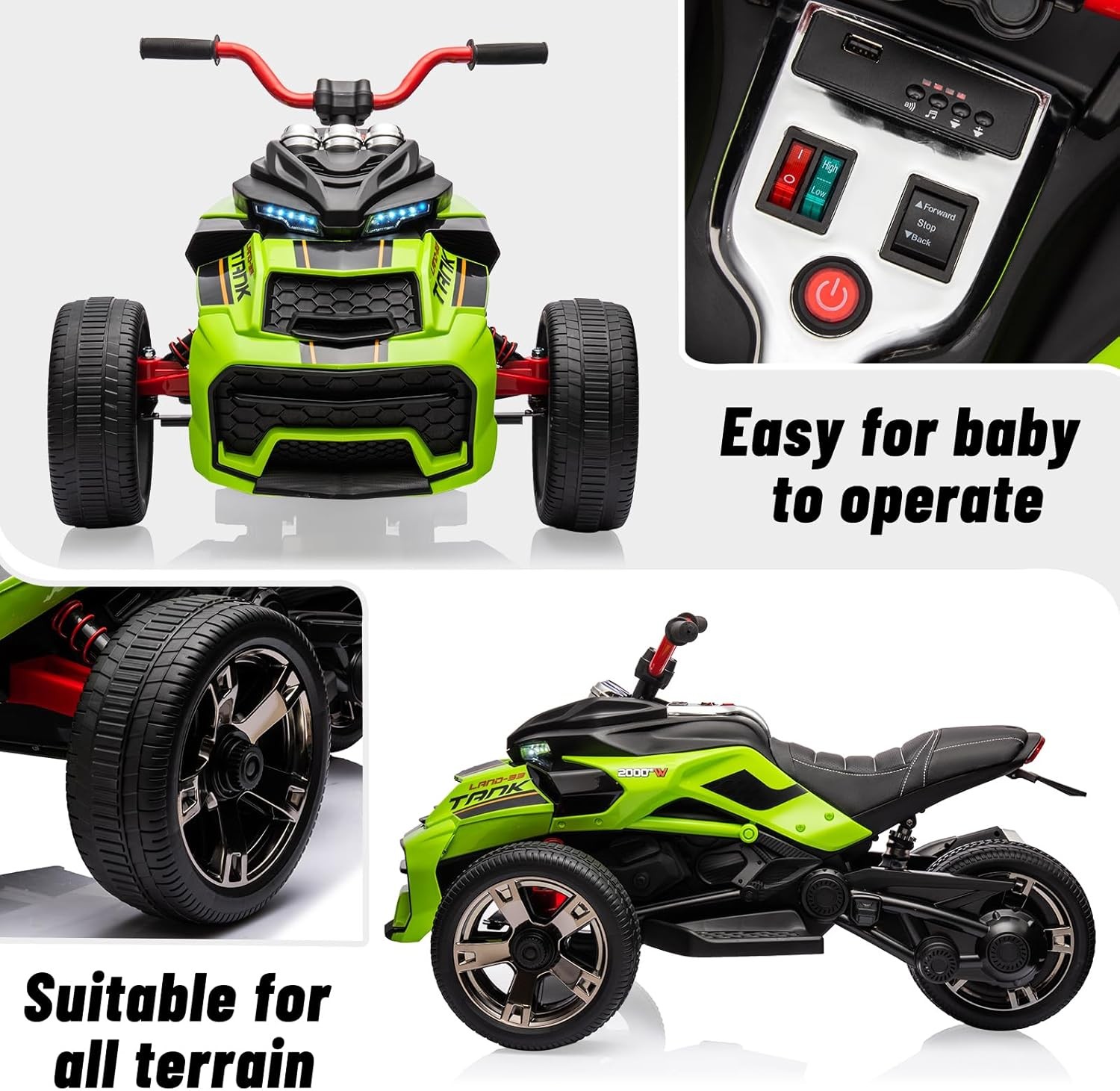 12V 3Wheeler Ride On ATV Electric Motorcycle Battery Electric Vehicle w/Led US