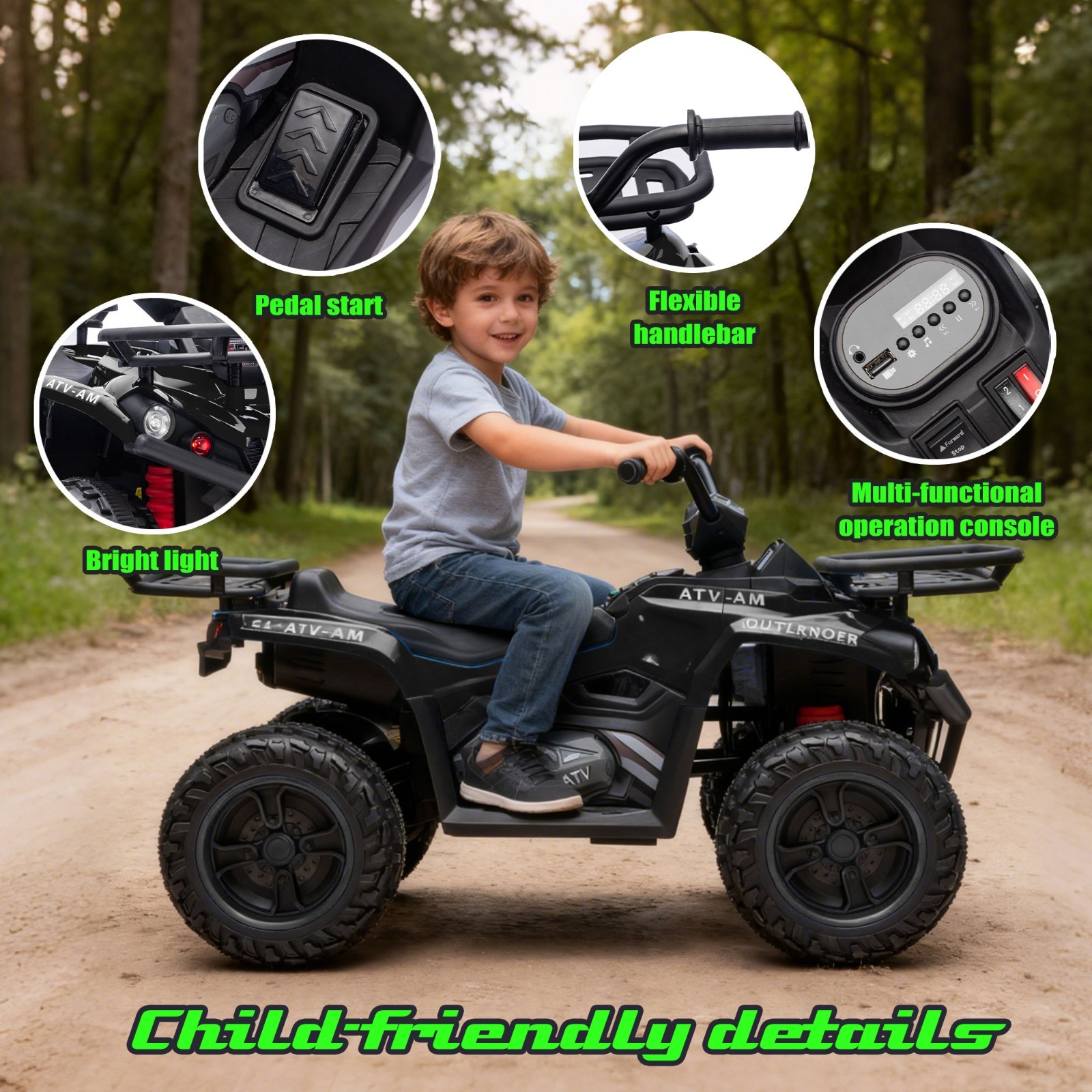 24V Kids Ride On ATV, 160W Off-Road Toys w/LED, Dual Storage Racks,Black