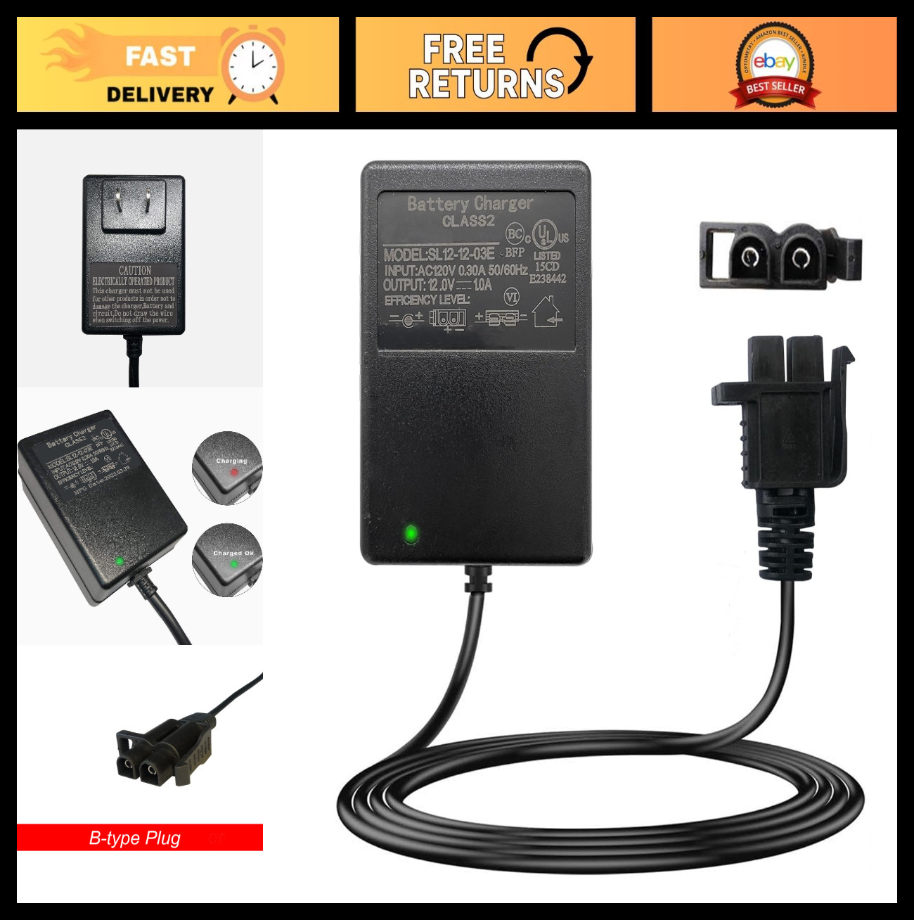 12V Battery Charger for Kids Ride-On Cars, Yamaha Raptor, Toyota FJ Cruiser, Pow