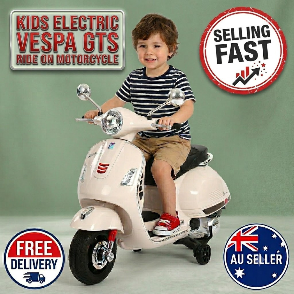 Kids WHT Electric Ride On Vespa GTS Scooter Licensed Motorbike