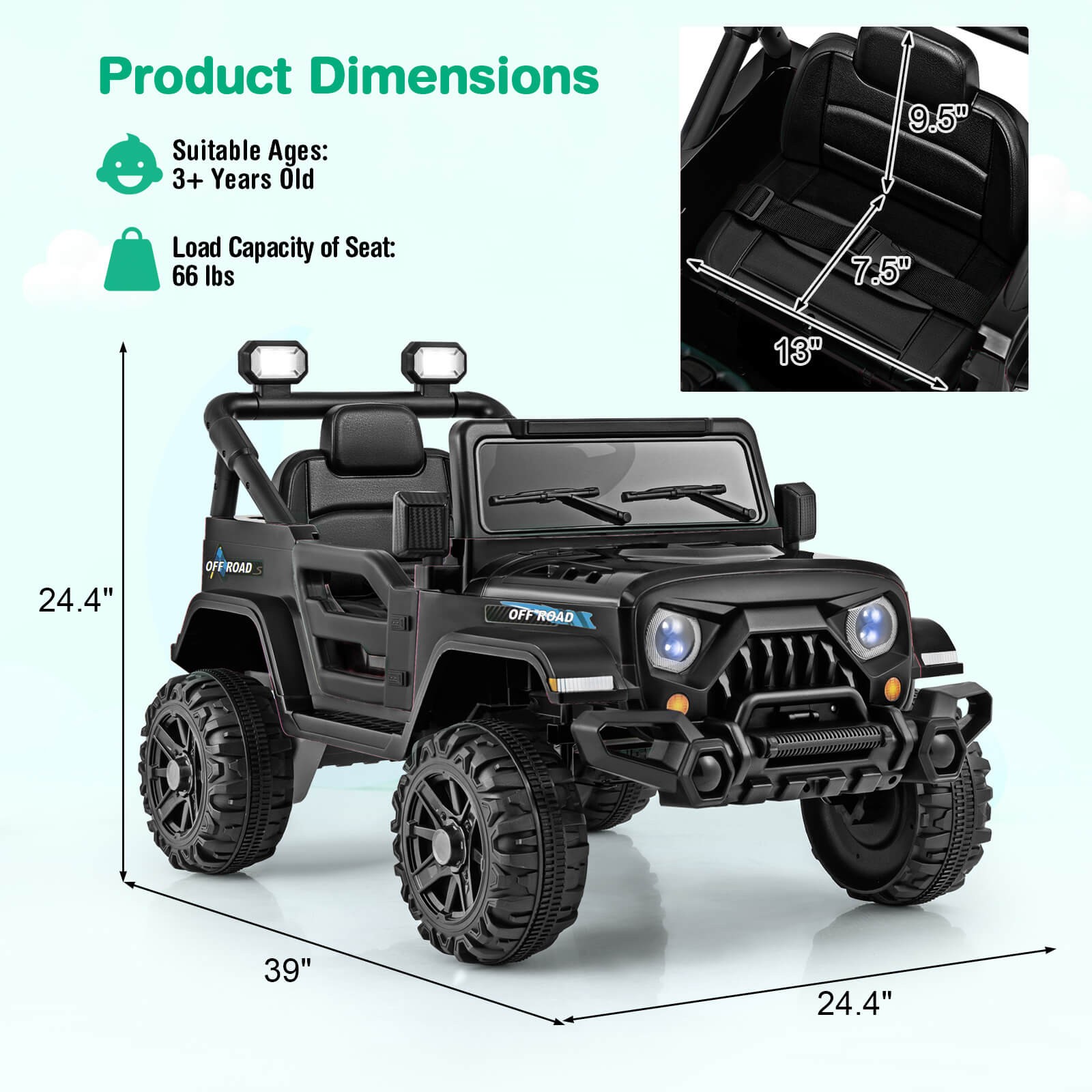 12V Kids Ride on Truck Car W/Remote Control Threaded Wheels 3 Speeds LED Lights