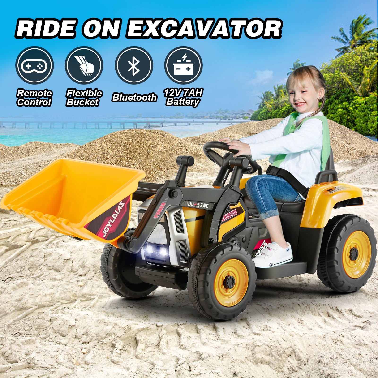 12V Battery Kids Ride On Excavator Digger Car with 3 Speed,Music,Remote Yellow