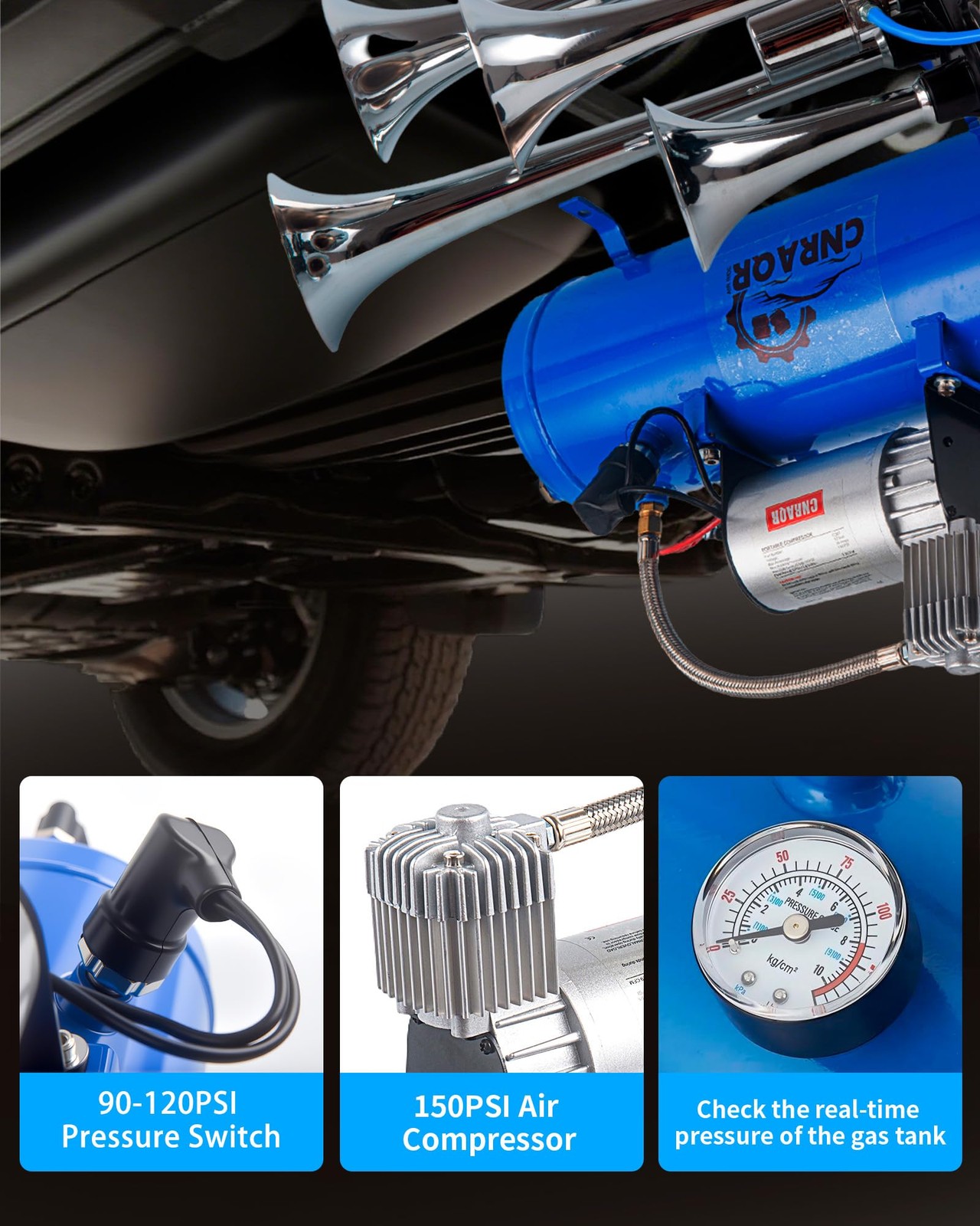4 Trumpet Horn Kit 178DB Train Horns with 120 psi Compressor 1.6 Gal/6 L Tank…