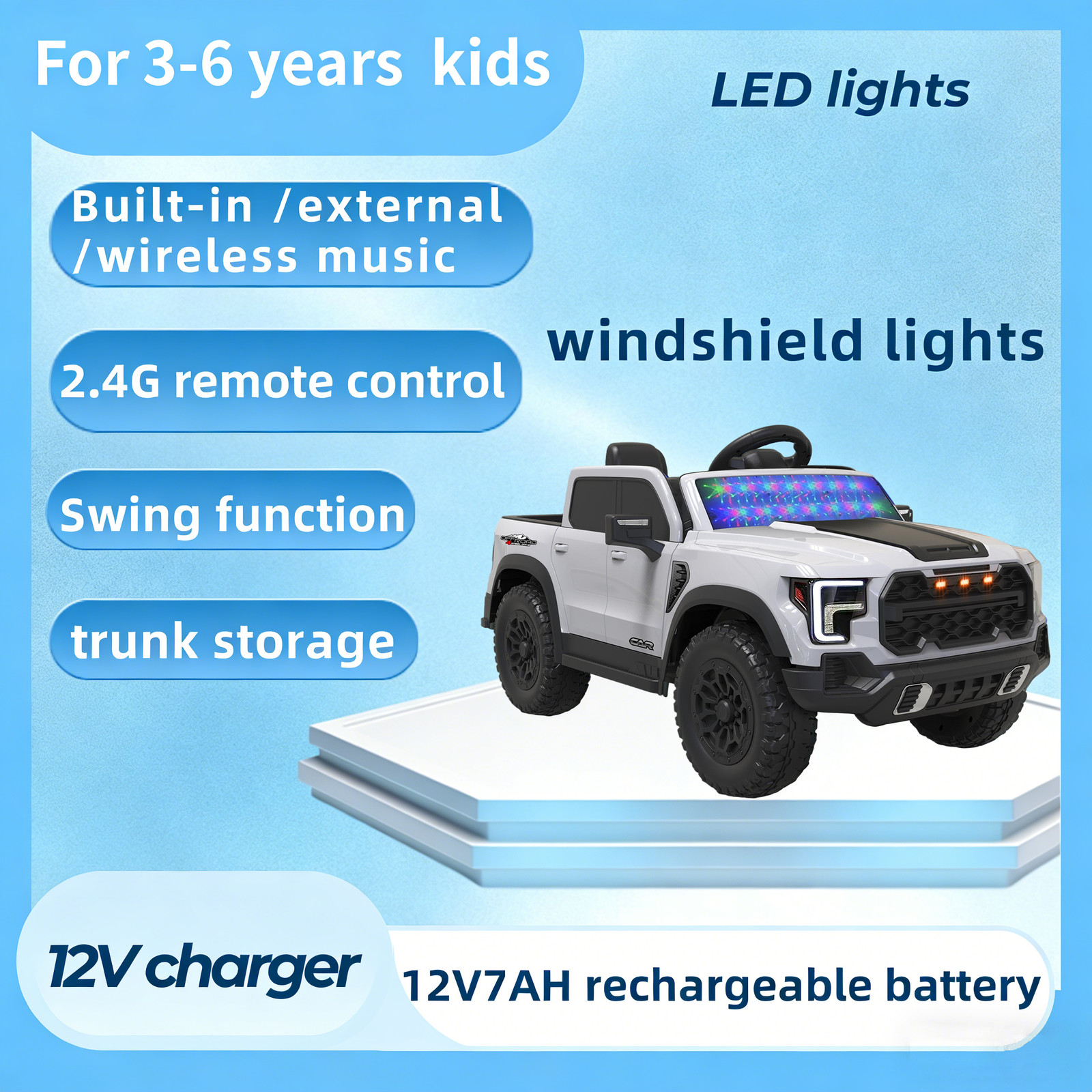 12V Kids Ride-On Car Remote Control, 4-Wheel Shock Absorption 3-6 Years White