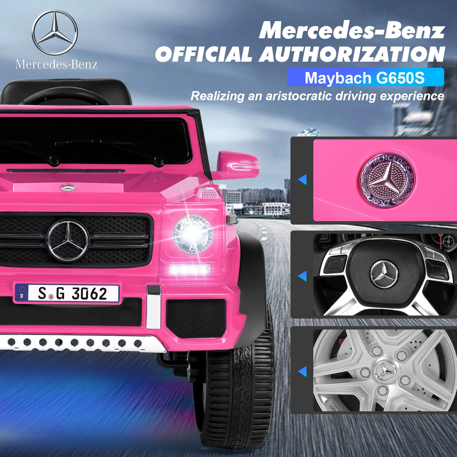 JOYLDIAS Electric 12V Kids Ride On Mercedes-Benz Car w/3 Speeds,LED,Remote,Pink