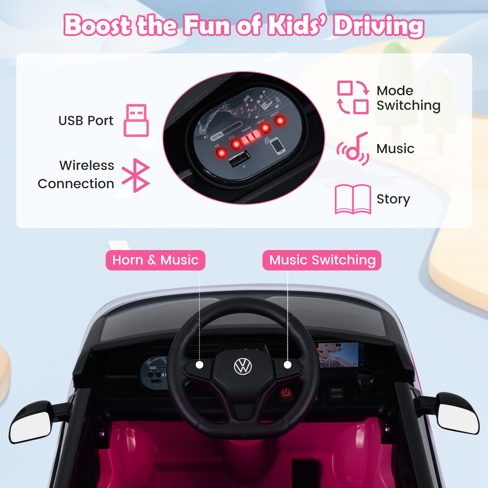 Licensed Volkswagen Ride on Car, 12V Kids Car Bus with Music, Story, Soft Start