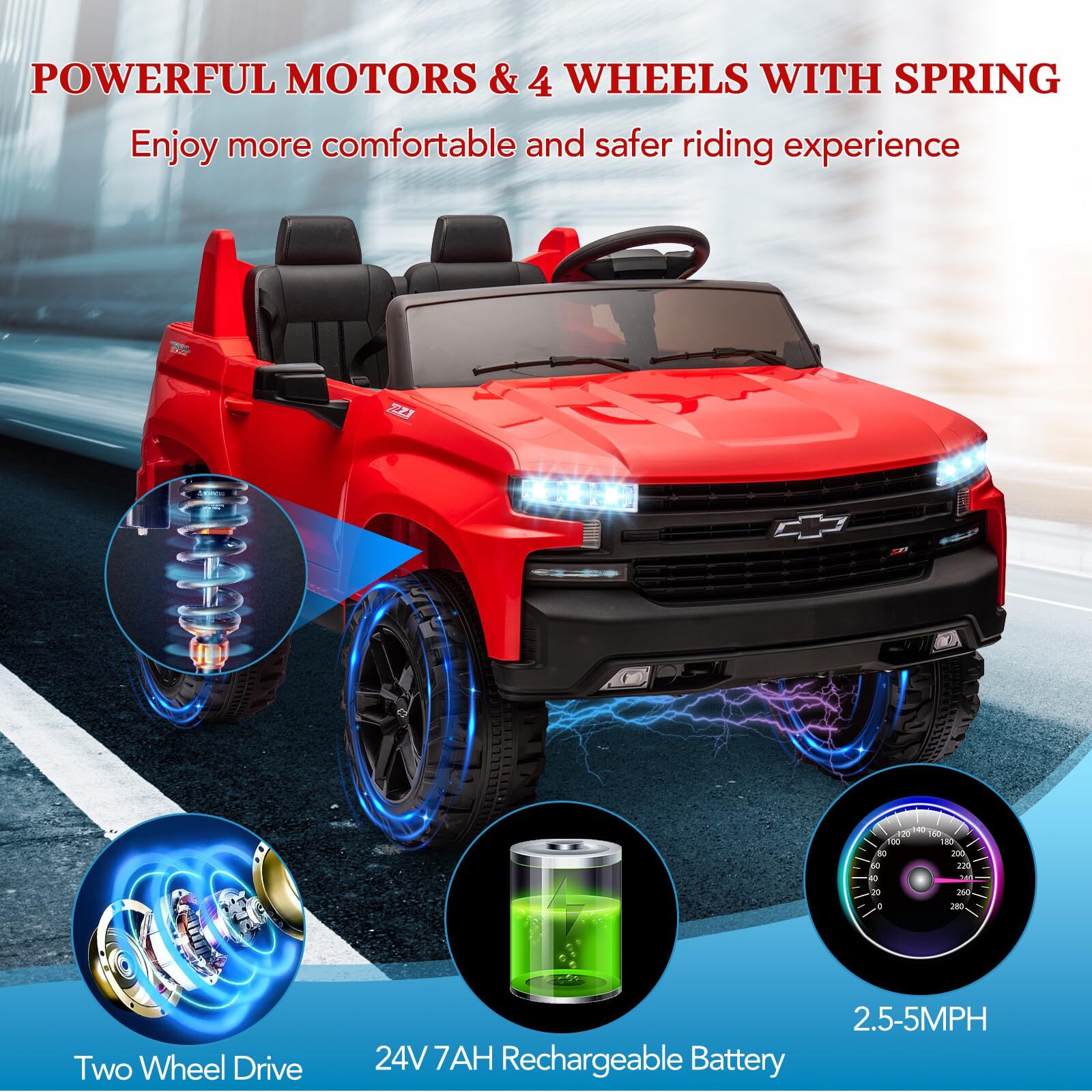 Ride On Toys 24V 2-Seater Truck Licensed Chevrolet Silverado 3 Speeds Music LED