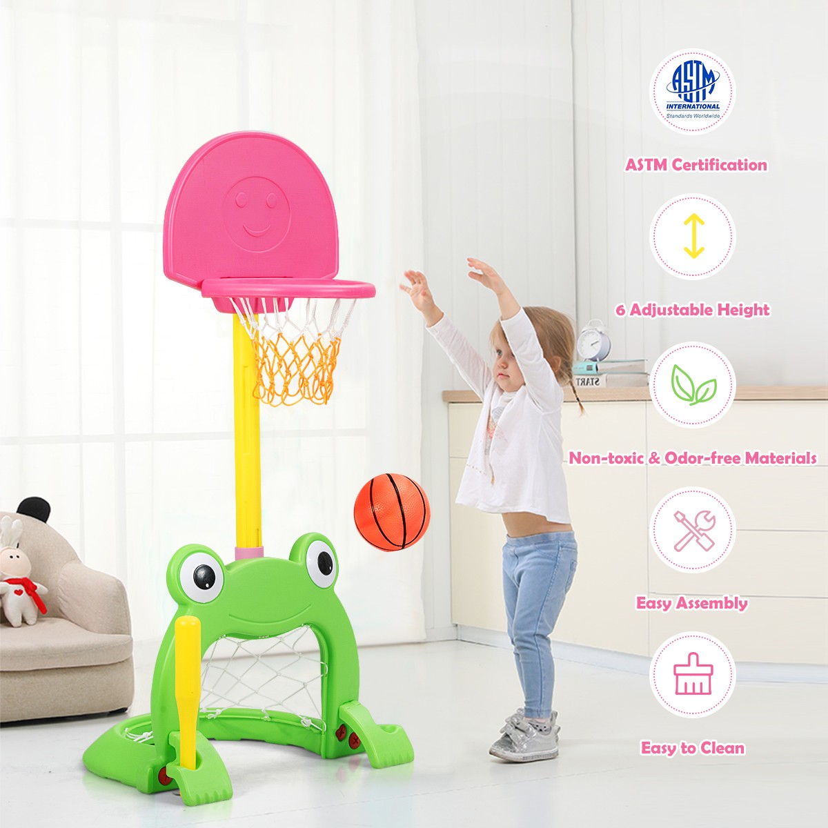3-in-1 Kids Basketball Hoop Set Stand Adjustable Sports Activity Center w/ Balls
