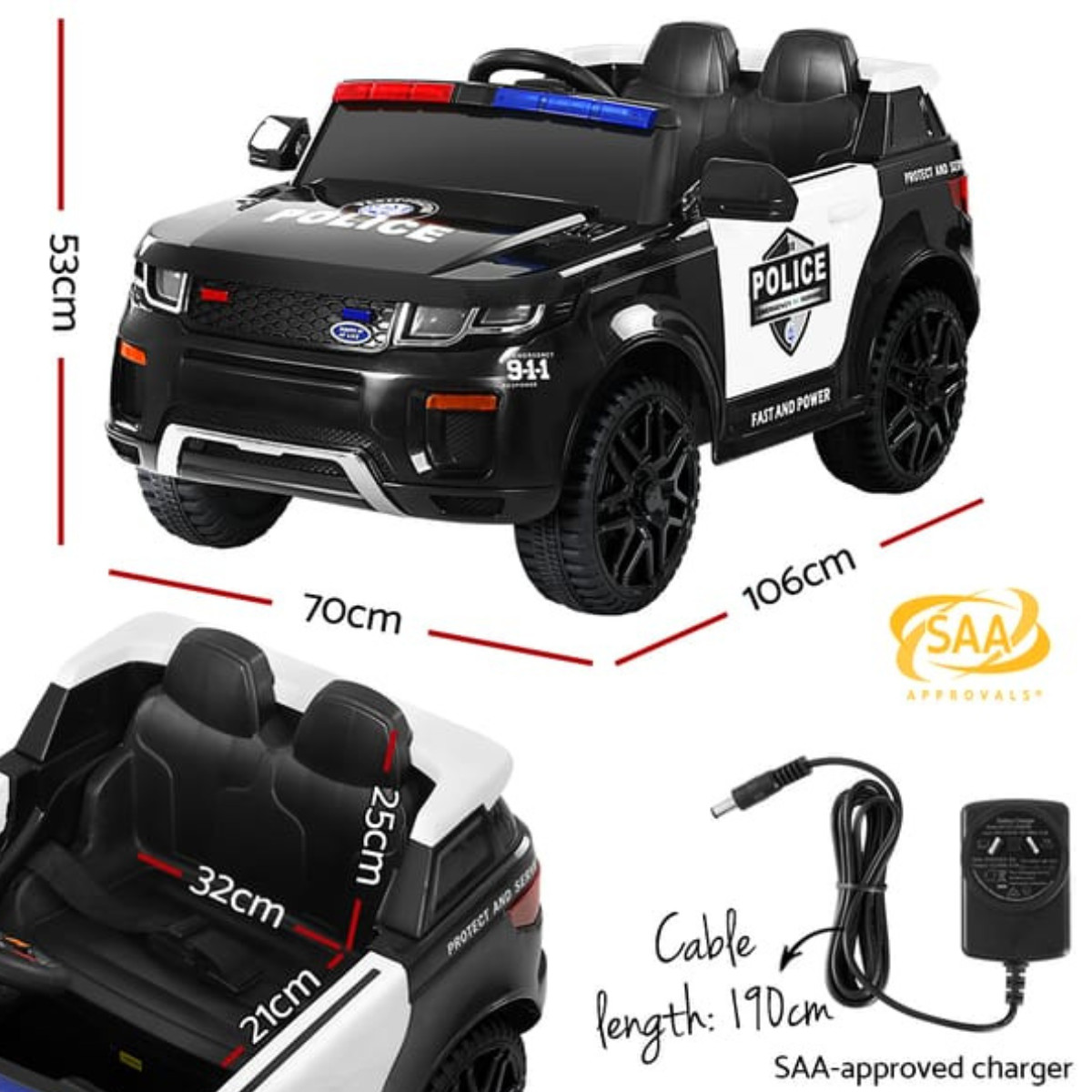 Electric Ride On Car Kids Patrol Police Ride On Cars Horn Music Remote Black