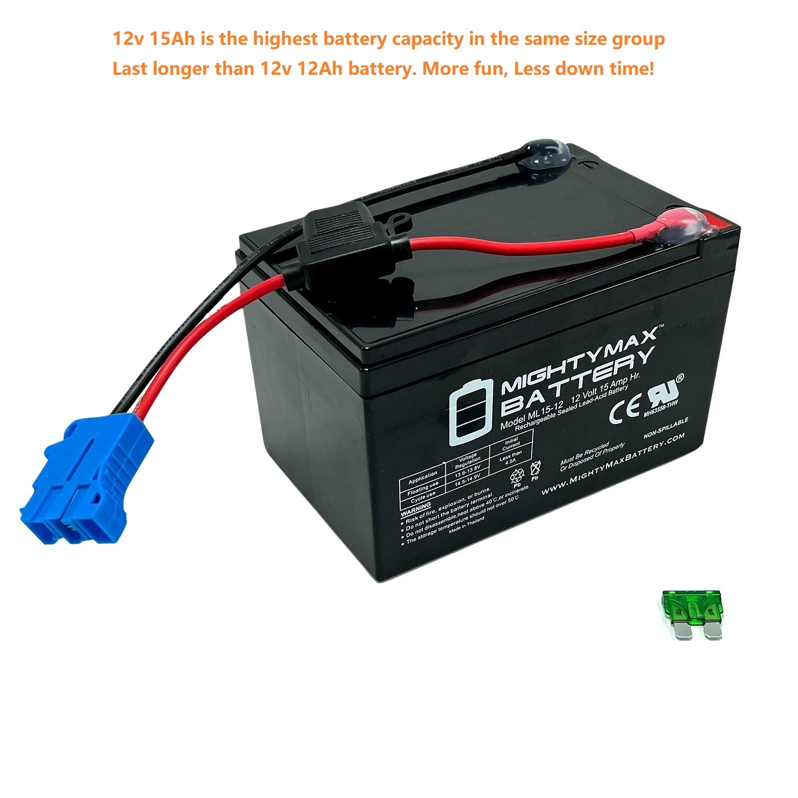 12v 15Ah Highest Capacity Peg Perego Ride-on Toy Replacement Battery with Wire