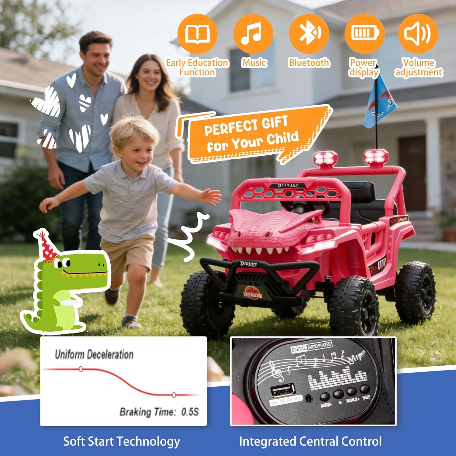 12V Dinosaur Ride On UTV Kids Electric Vehicle with Parent Control 3 Speeds 6…