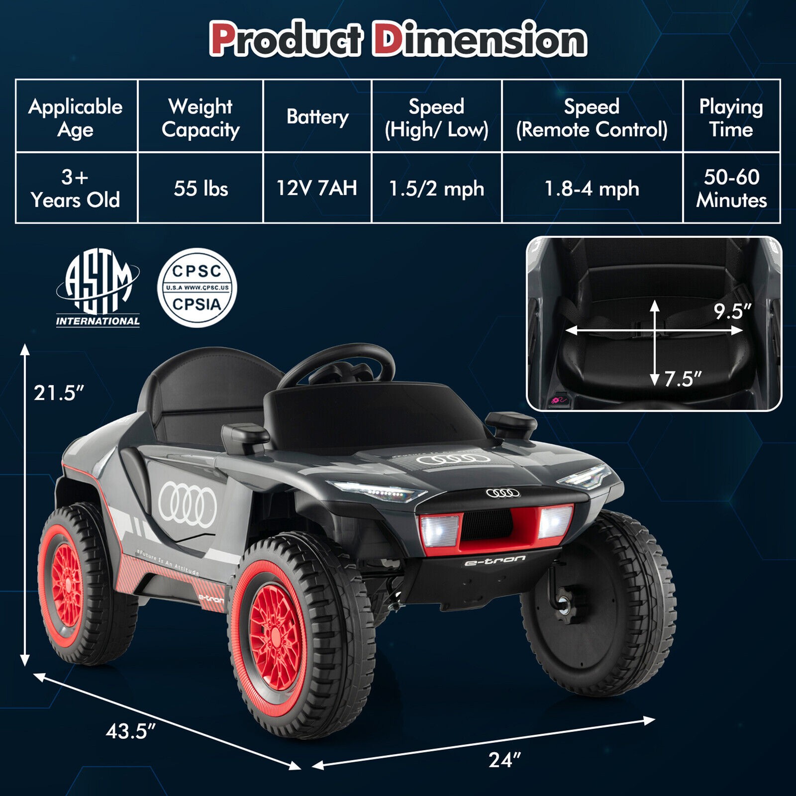 12V Licensed Audi Kids Ride-On E-tron Racing Car w/Remote Control & Lights Gray