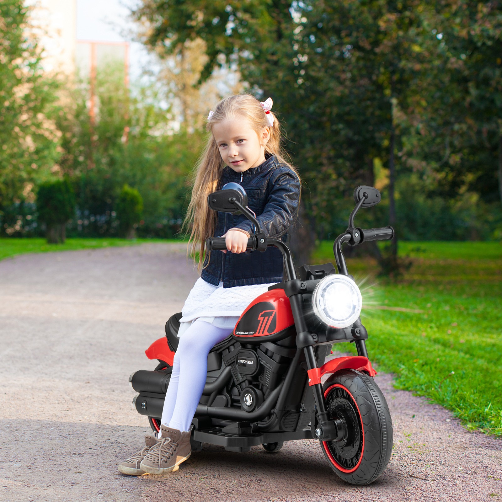 6V Kids Electric Motorcycle w/ Training Wheels LED Headlights Music Board Red