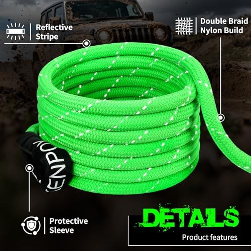 1″ x 30ft Heavy-Duty Kinetic Recovery Rope(Reflective)，2 Soft Shackles,30%