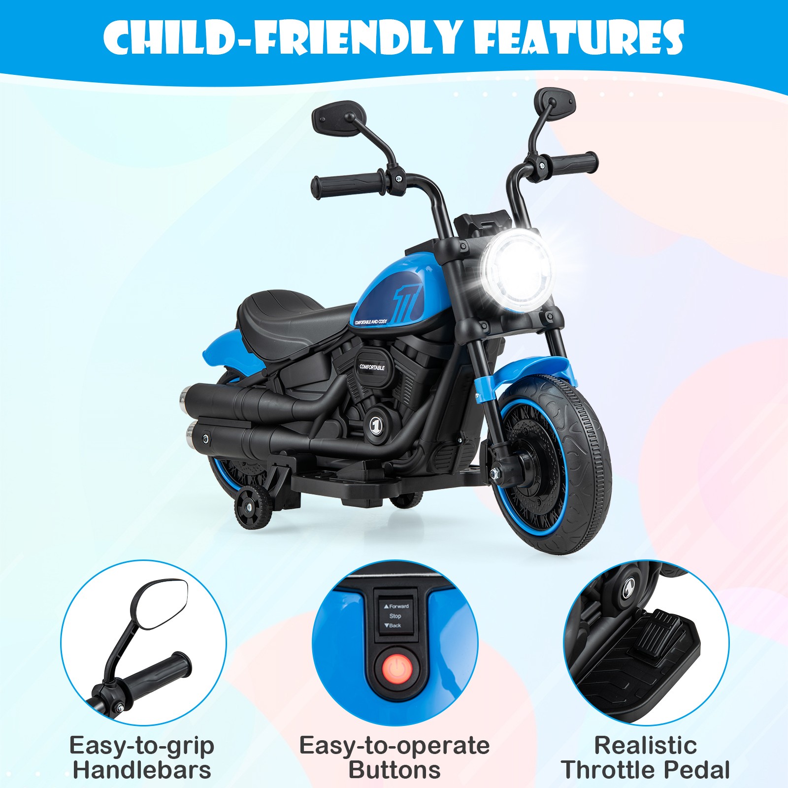 6V Kids Electric Motorcycle w/ Training Wheels LED Headlights Music Board Blue