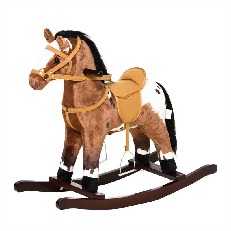 Kids Metal Plush Ride-On Rocking Horse Chair Toy w/ Sounds – Dark Brown/White