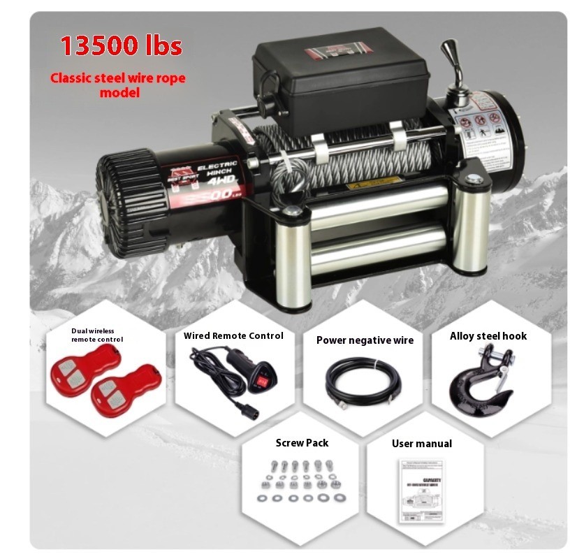 12V Portable Vehicle Self-Rescue Electric Silent Integrated Winch 13,500 Lbs