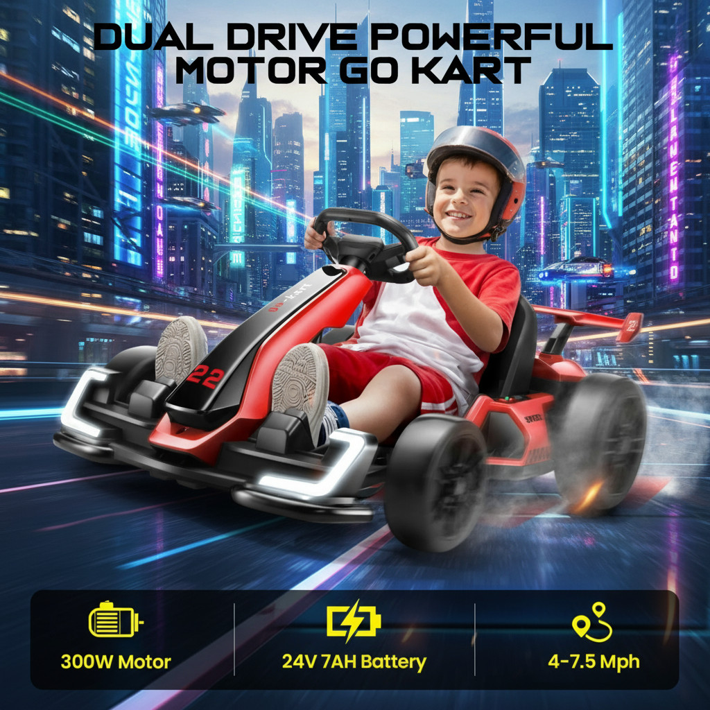 24V Electric Go Kart for Kids 2x150W Motor Drift Kart Adjustable Seat Xmas Gift
